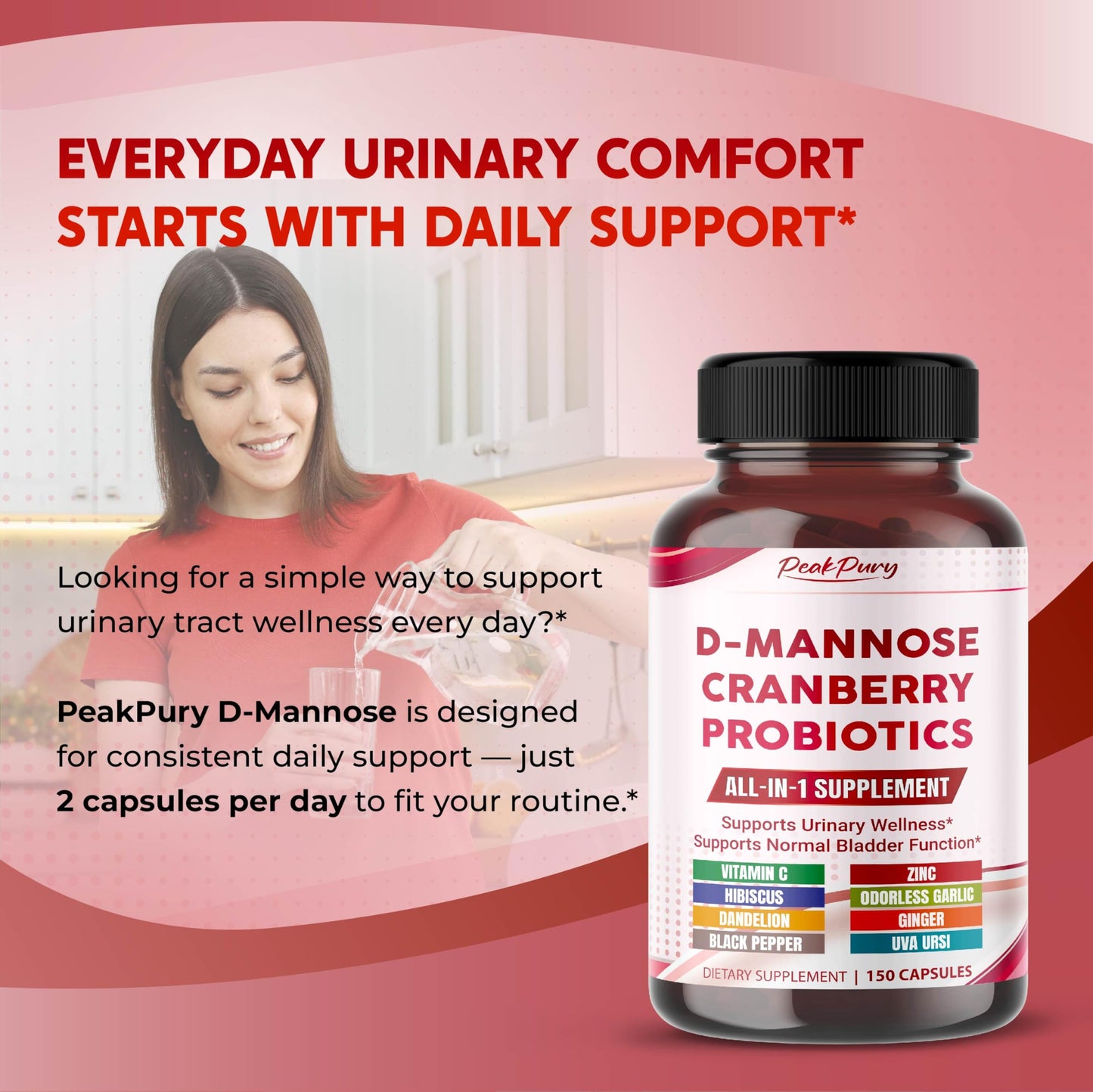 PEAKPURY D-Mannose with Cranberry, Probiotics & Uva Ursi All-in-1 Urinary Tract & Bladder Health 75 Capsules