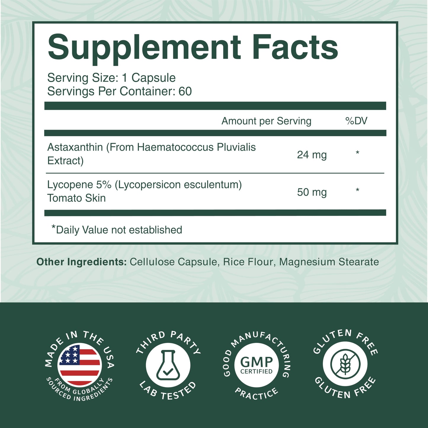 PurePremium Supplements Astaxanthin 24mg with Lycopene 50mg Capsule, 60 Count
