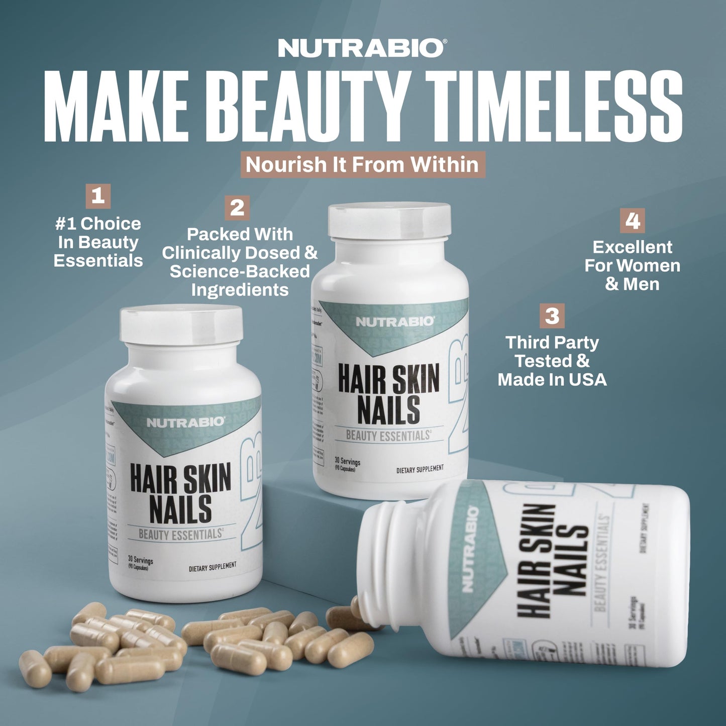 NutraBio Hair Skin Nails Vitamins Capsules 90 Count