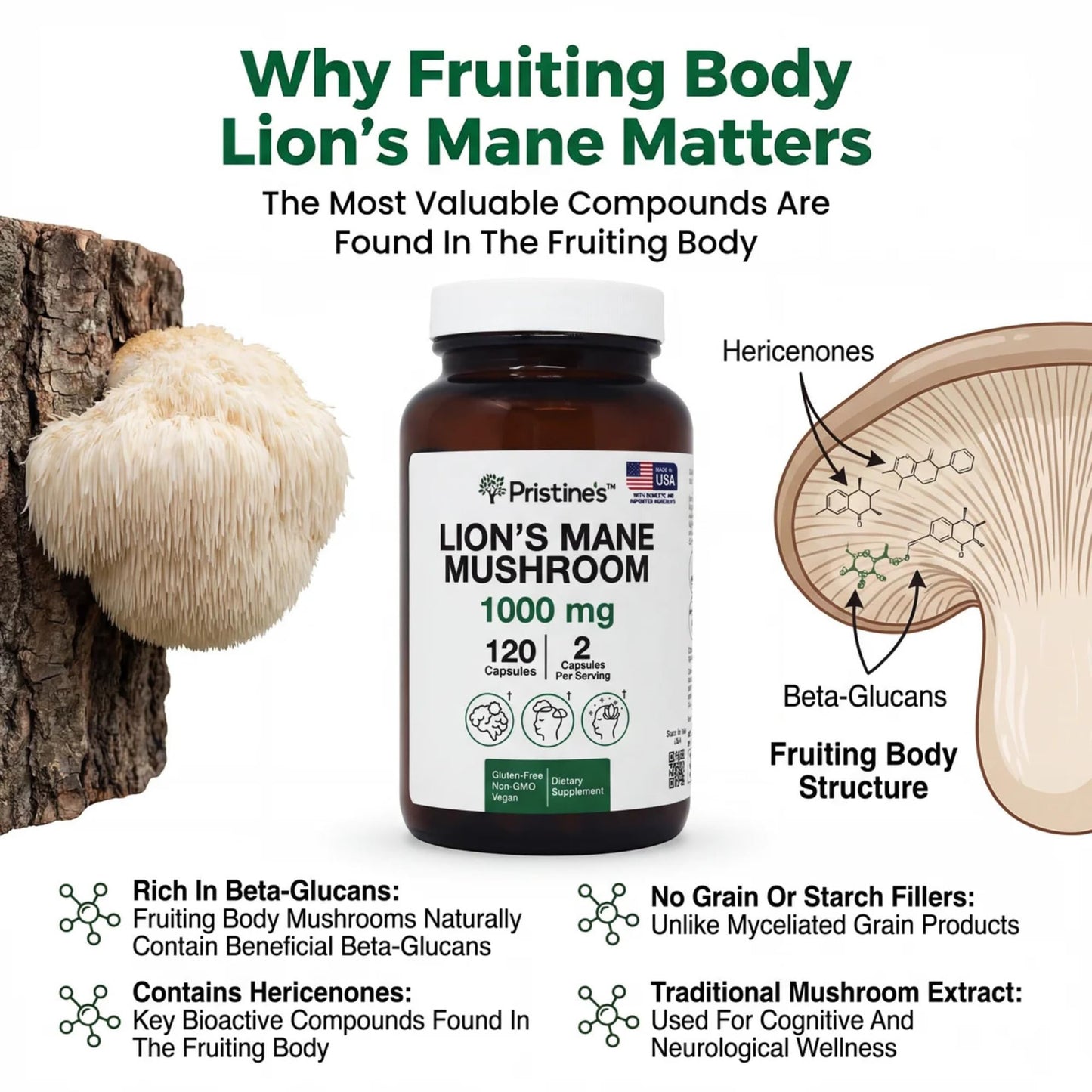 PRISTINE'S Lion's Mane Mushroom Supplement Capsules 120 Count