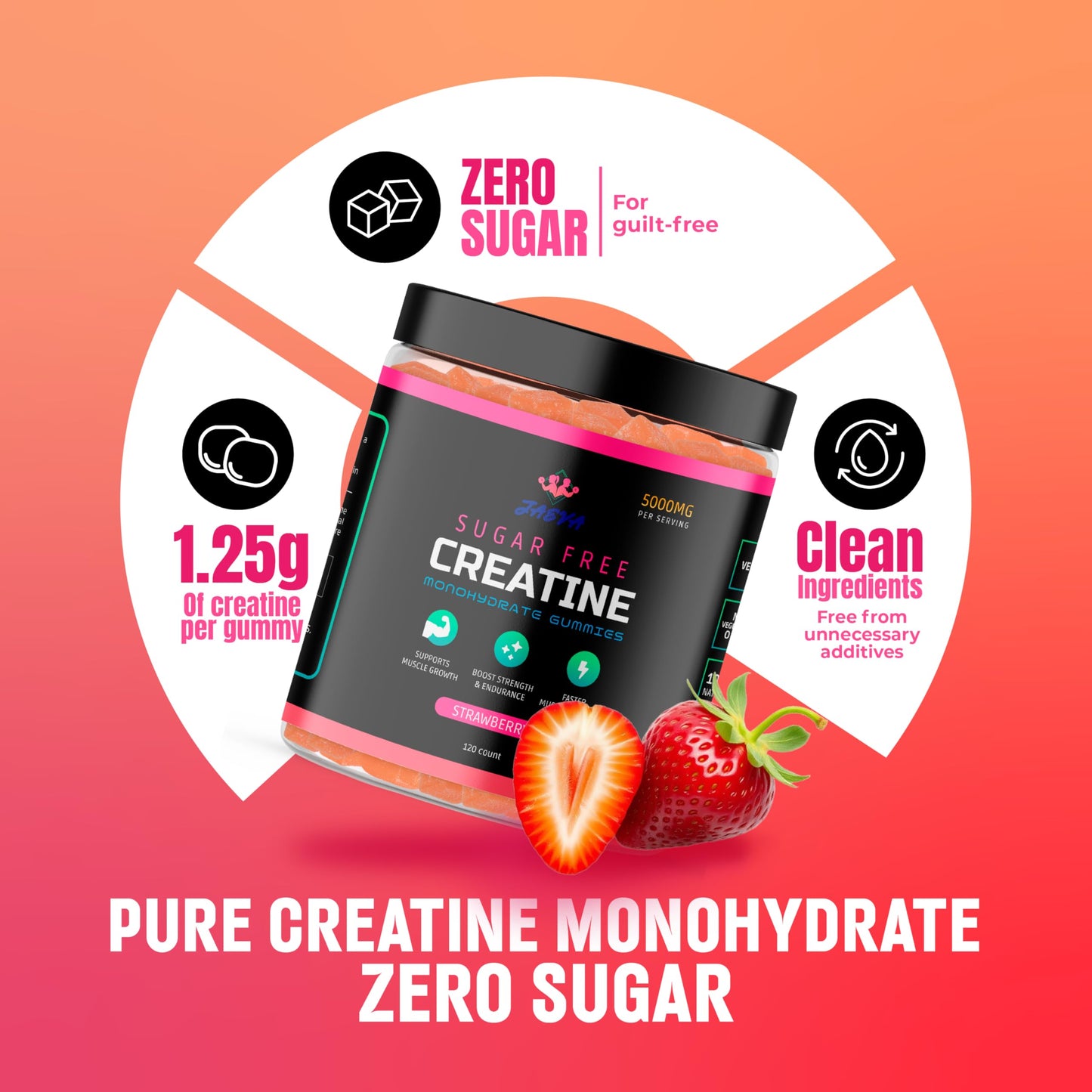Jaeva Sugar Free Creatine Monohydrate Gummies 5g, Strawberry, 120 Gummies
