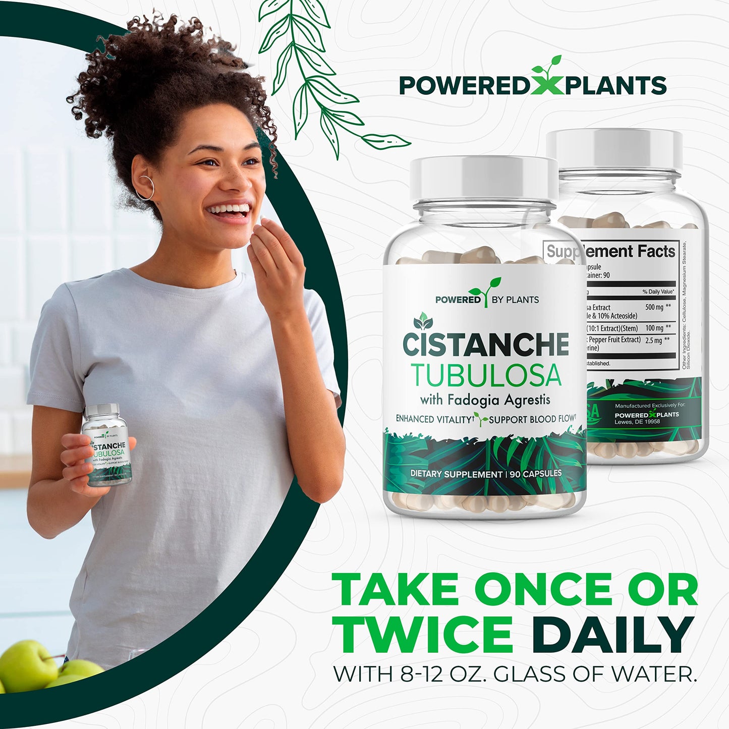 POWERED X PLANTS Cistanche Tubulosa with Fadogia Agrestis - Promotes Vitality - Natural Supplements for Men & Women with Bioperine Capsule, 90 Count