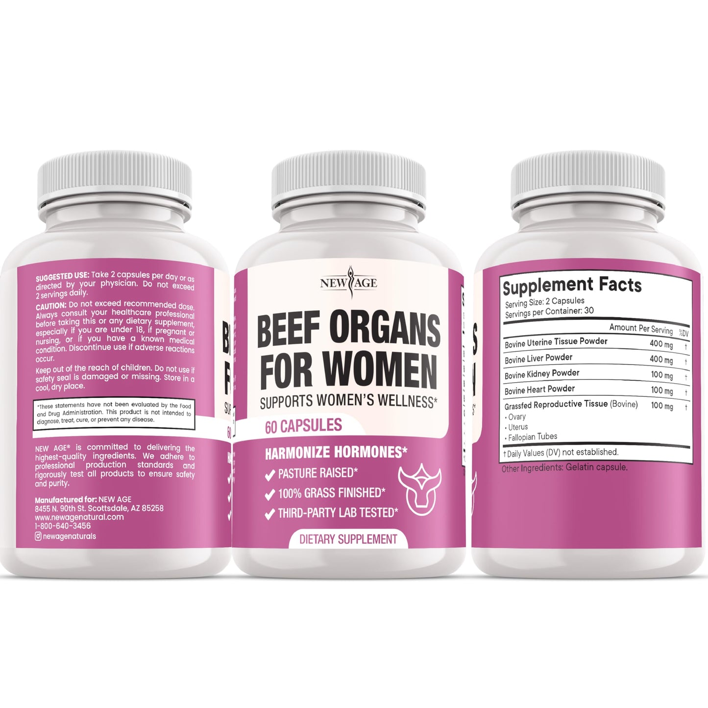 NEW AGE Beef Organ Supplement for Women - Beef Liver, Kidney, Heart and Uterus Tissue, 60 Capsules
