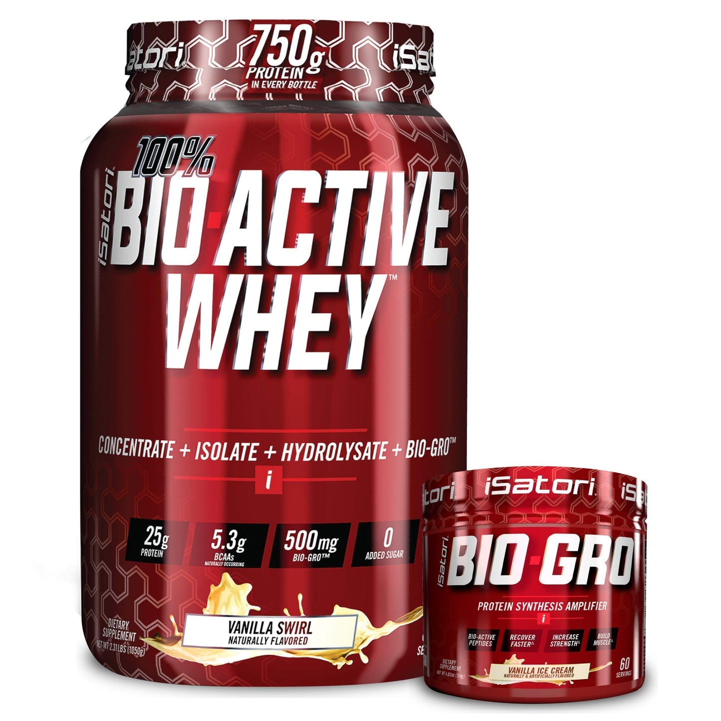 iSatori Bio-GRO Vanilla Ice Cream & Bio-Active Whey Protein Powder Vanilla Swirl, Powder, 60 Servings & 30 Servings, 2-Pack