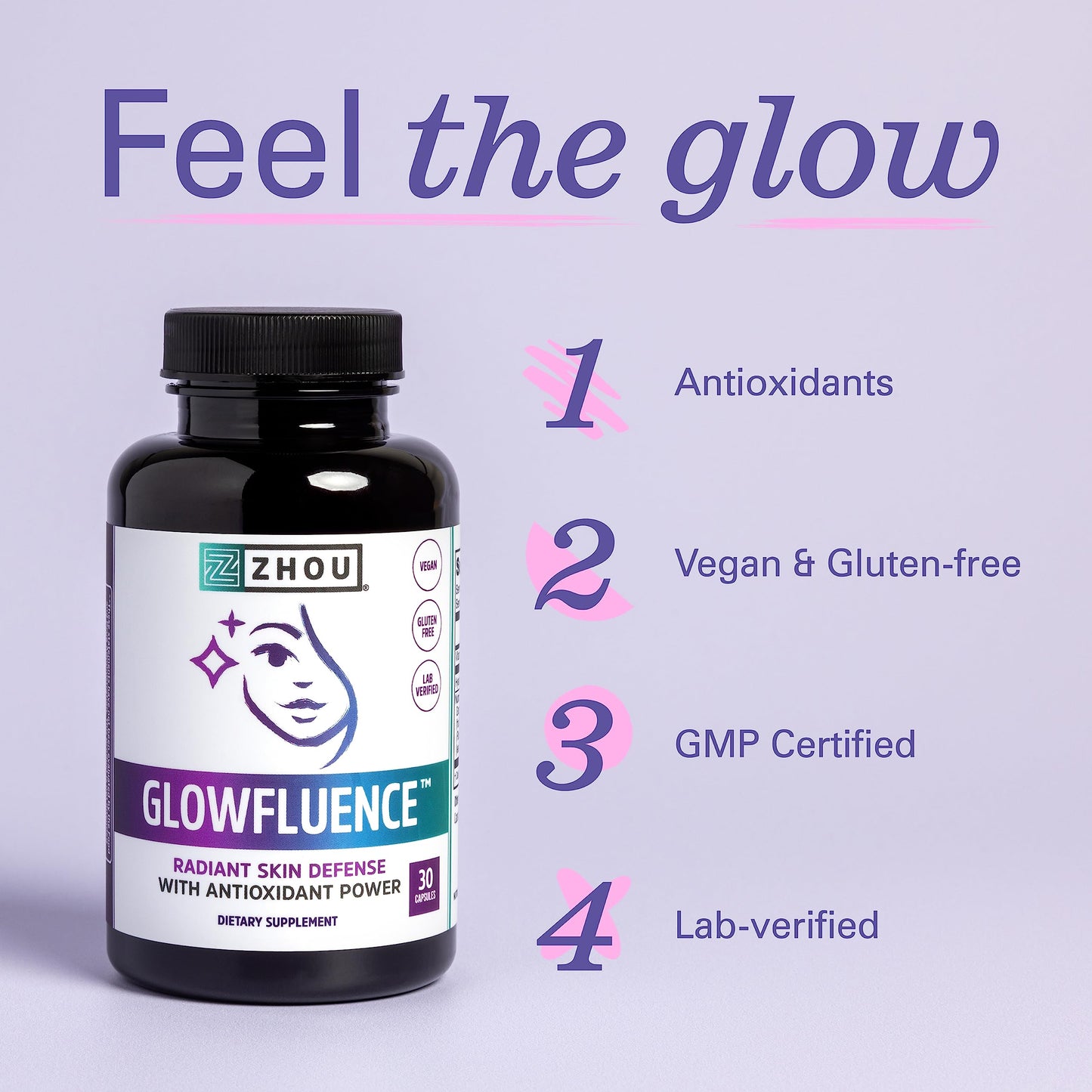 ZHOU Glowfluence Hyaluronic Acid Supplement with Vitamin C and Antioxidants Capsules 30 Count
