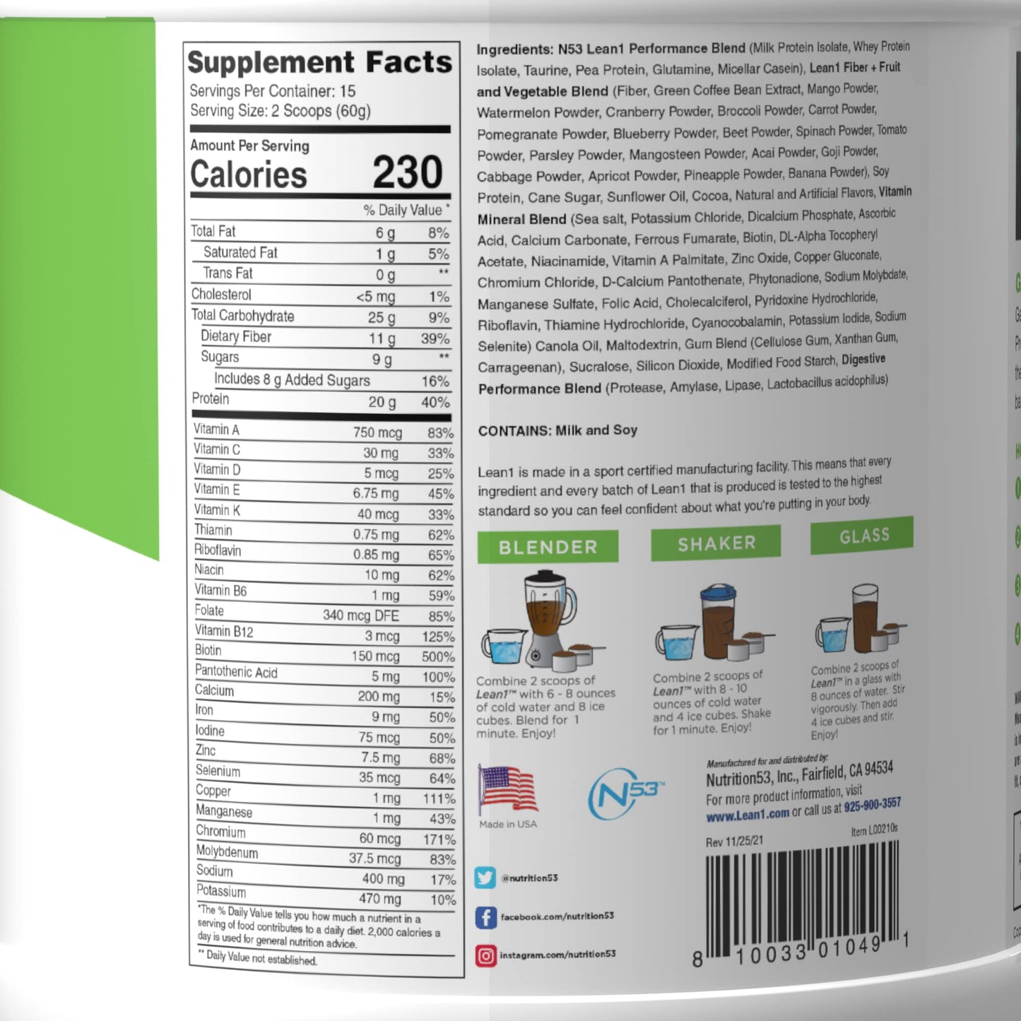 LEAN1 Meal Replacement Protein Shake Powder 63.4 oz