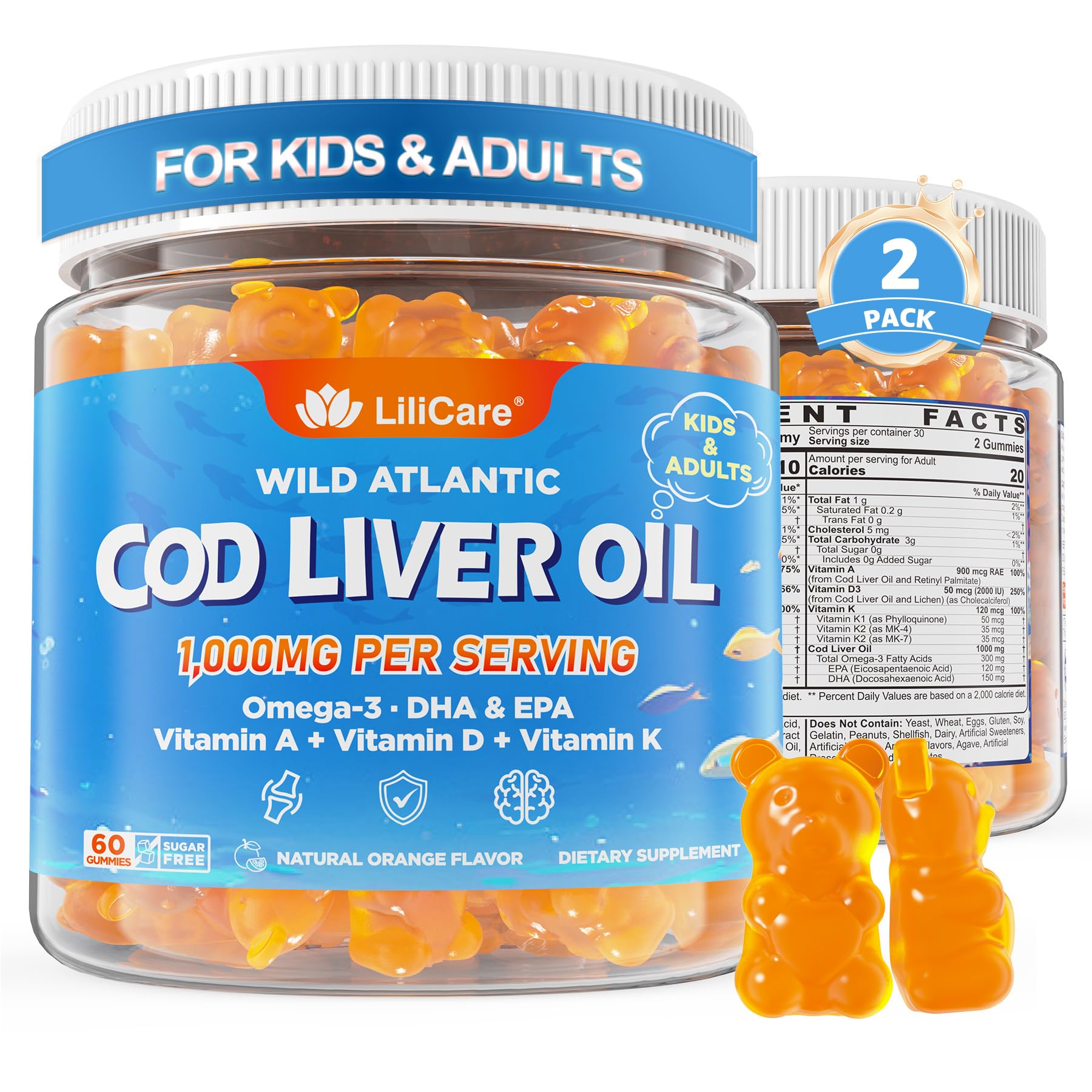 LILICARE Cod Liver Oil Gummies 1000mg with Omega-3 (EPA & DHA), Vitamins A, D3 & K2, Immune & Brain Support, Sugar-Free, Orange Flavor, 120 Gummies