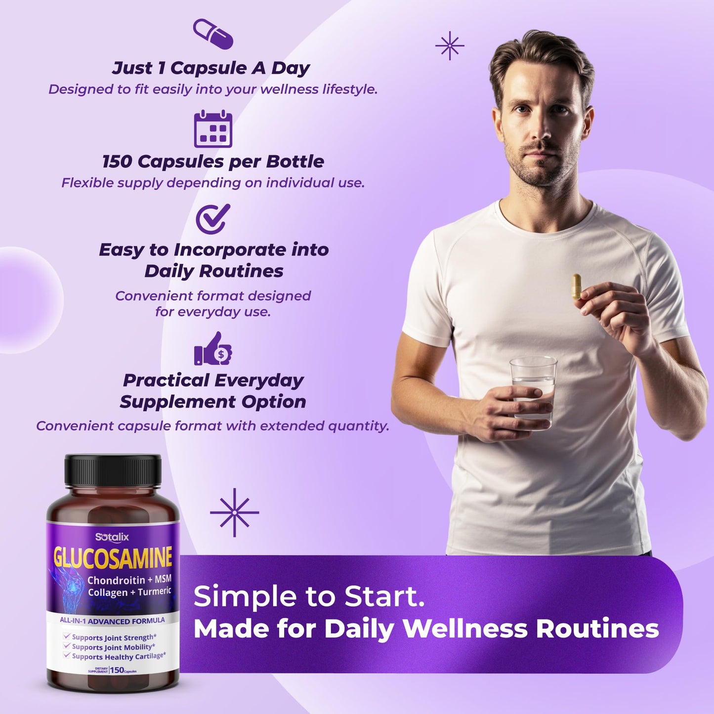Sotalix Supplement Glucosamine 650mg – All-in-1 Joint Support with Chondroitin, MSM, Collagen, Turmeric, Vitamin D3 & Hyaluronic Acid 150 Capsules