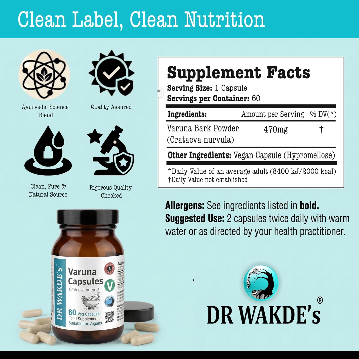 DR WAKDE's Varuna Capsules (Crataeva nurvula) 500mg, 60 Veg Caps