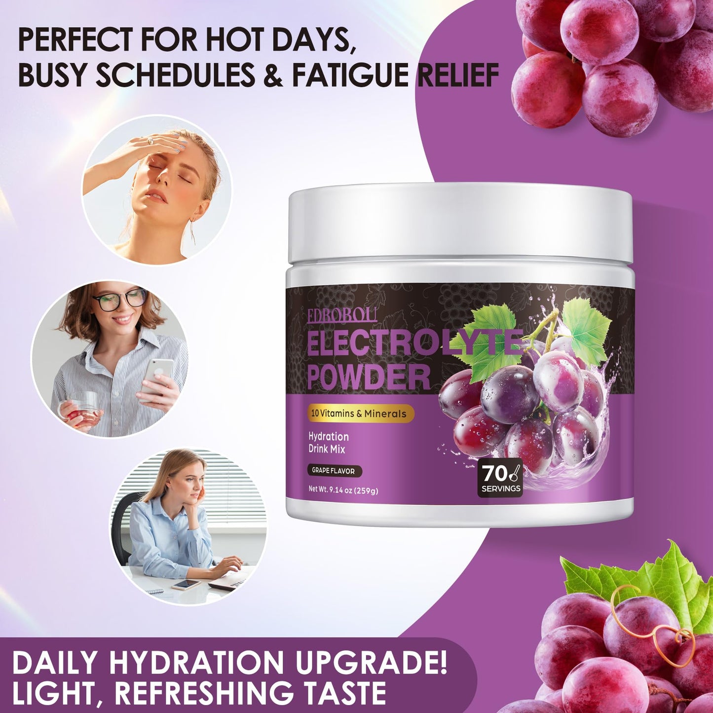 EDBOBOU Sugar Free Electrolyte Powder, Grape Flavor, 9.14 oz