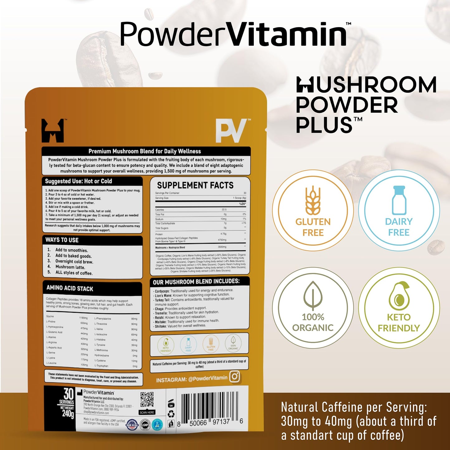 PowderVitamin Organic Mushroom Coffee with Grass-Fed Collagen Types I & III, 8 Fruiting Body Mushrooms, 8.5 Ounce Powder