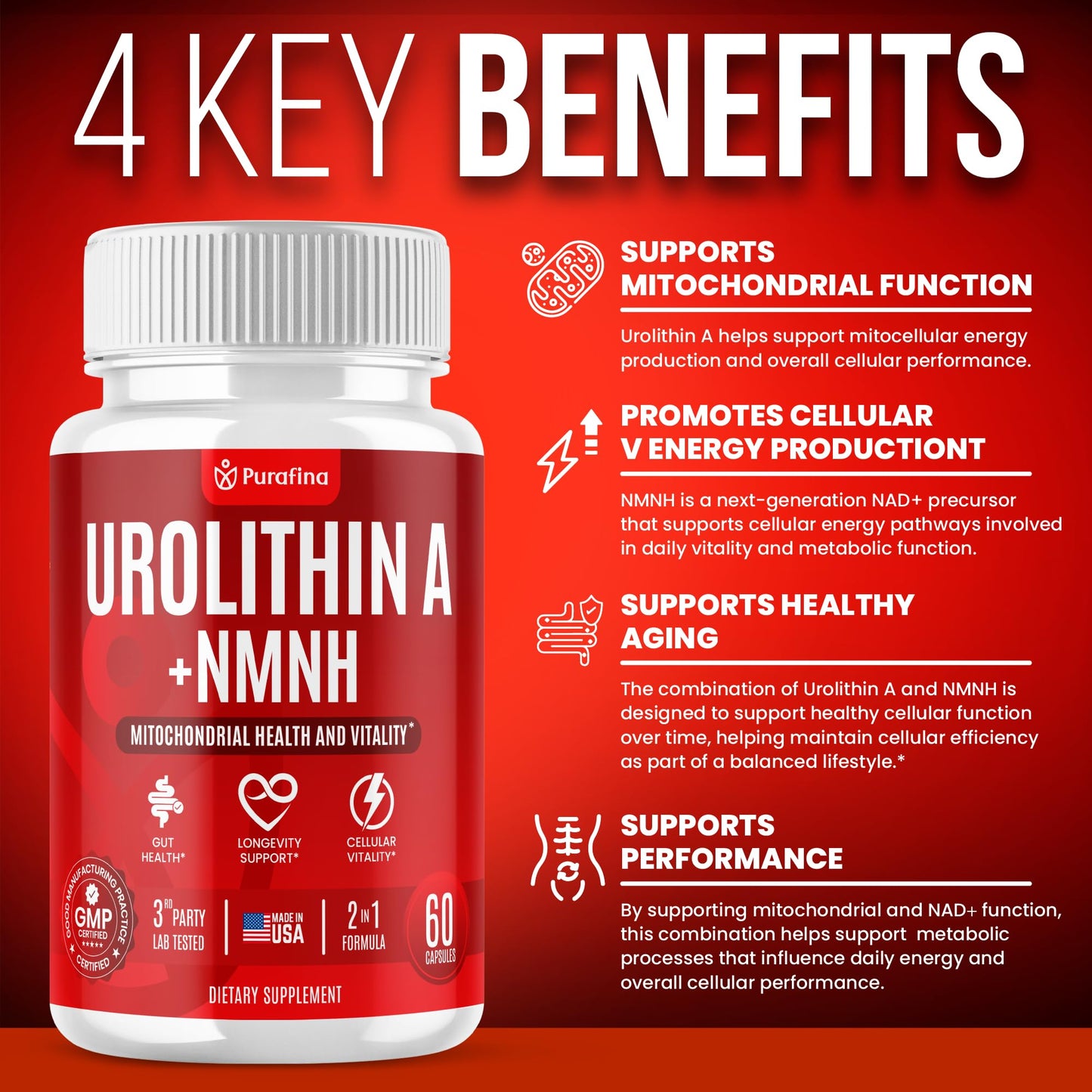 Purafina Urolithin A Supplement with NMNH for Mitochondrial Support, Cellular Energy, Healthy Aging, Muscle Health, Vitality & Cellular Wellness, 60 Capsules