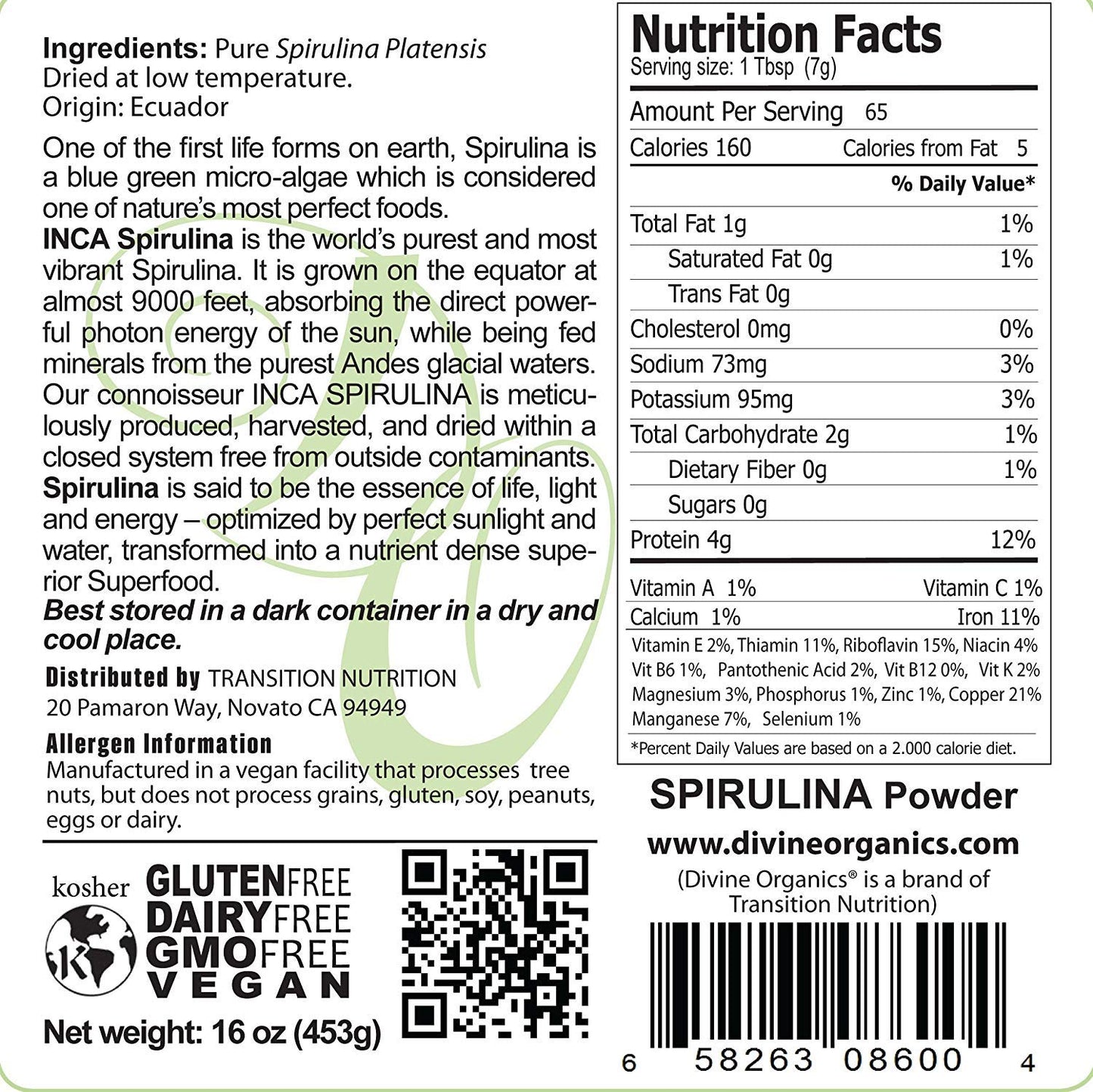 Divine Organics Spirulina Powder 16 oz