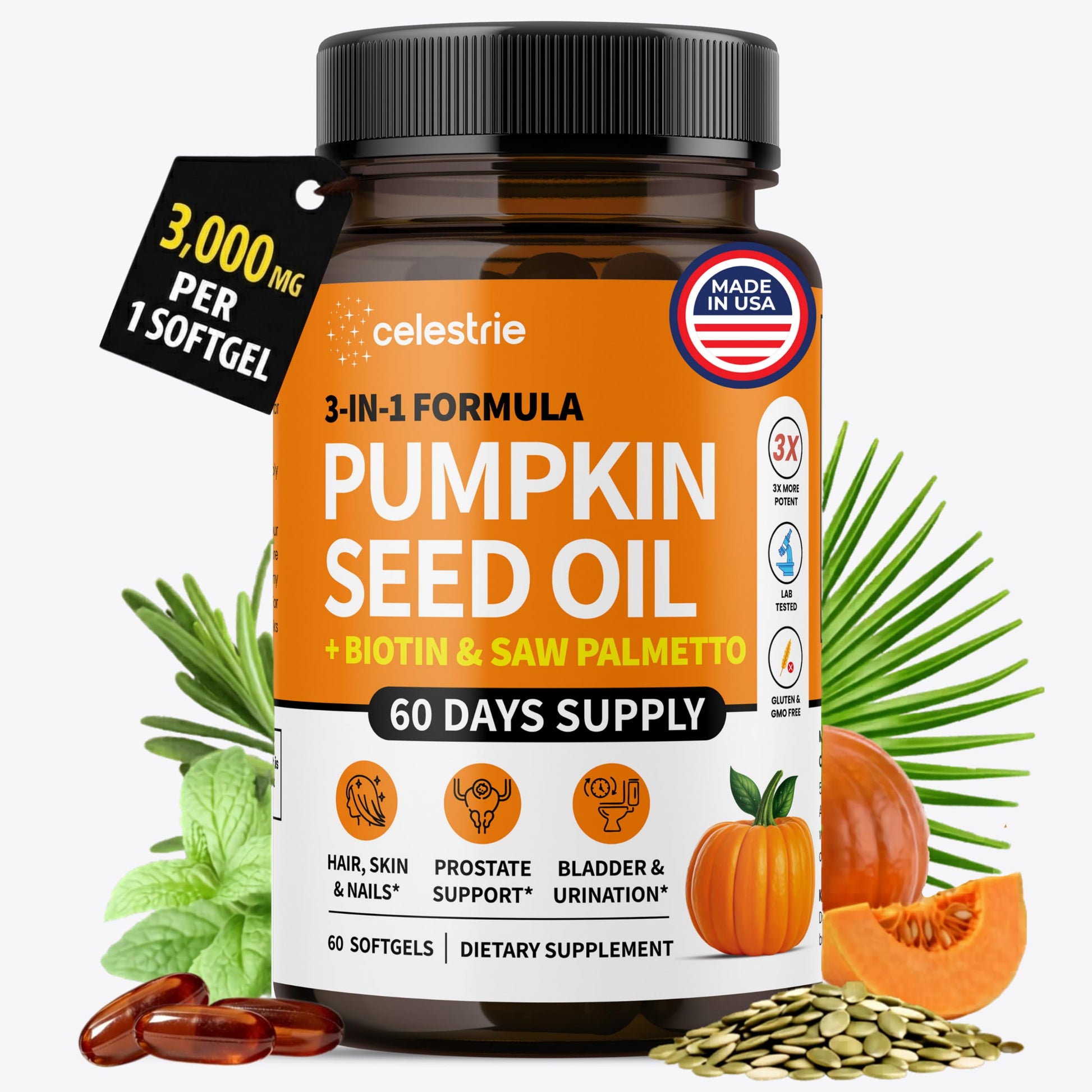 Celestrie 3-in-1 Pumpkin Seed Oil with Saw Palmetto Softgels 60 Count