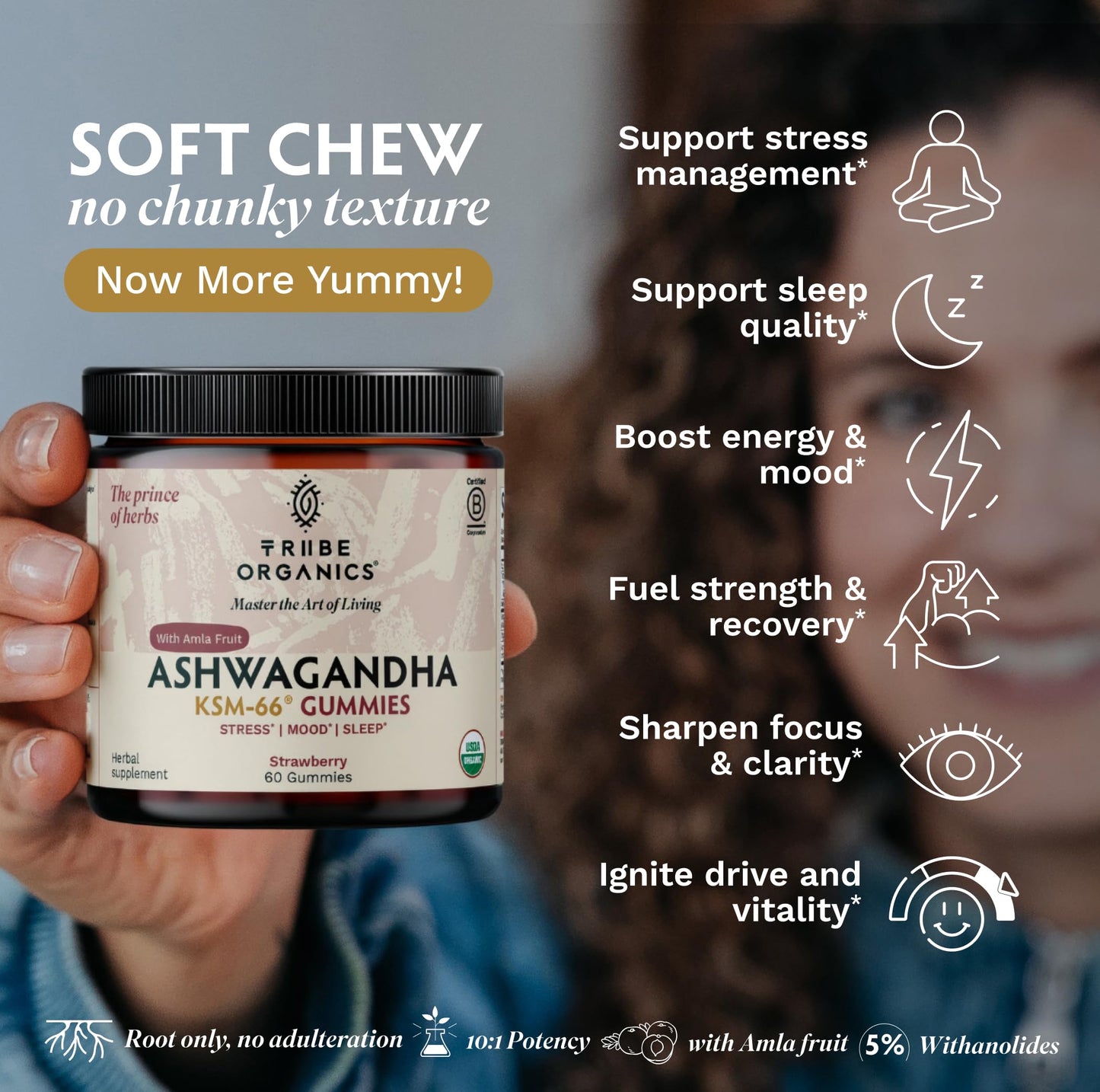 TRIBE ORGANICS Ashwagandha KSM-66 Gummies with Amla Fruit, 60 Count