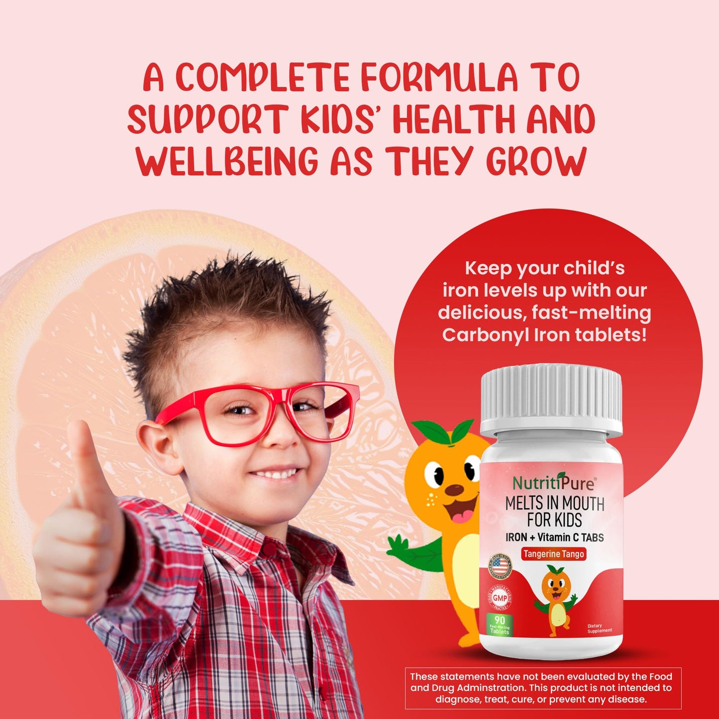 NutritiPure Kids & Toddler Chewable Iron 9mg with Vitamin C Orange Tablets, 90 Count