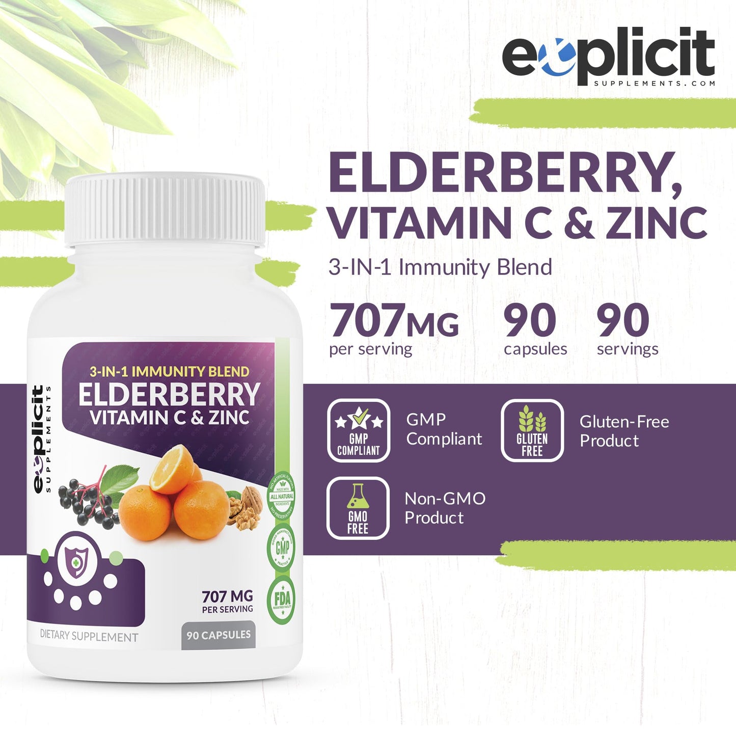 eXplicit Supplements All Natural Elderberry, Vitamin C & Zinc Supplement Capsules, 1 Count