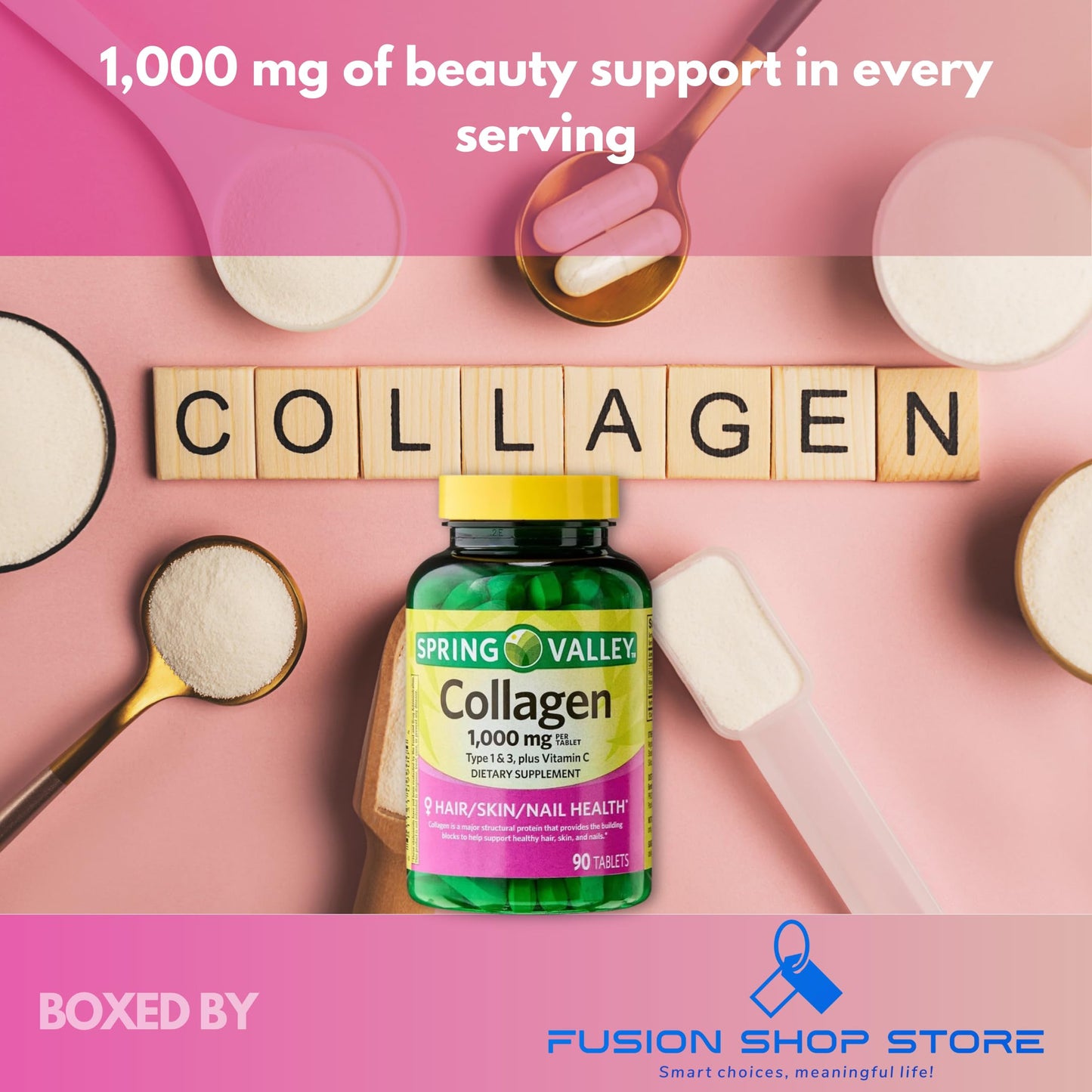 Fusion Shop Store Collagen Plus Vitamin C Tablets 1000mg Hair Skin and Nails, 90 Tablets