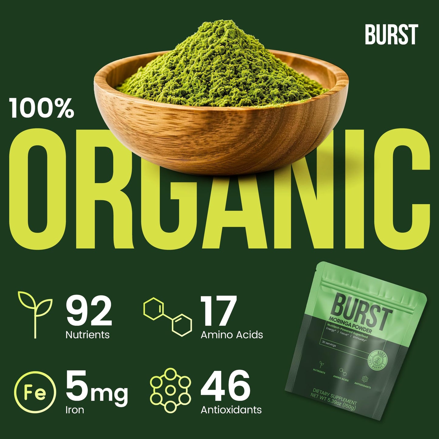 Moringa Burst 100% Moringa Powder Natural, 5.29 Ounce