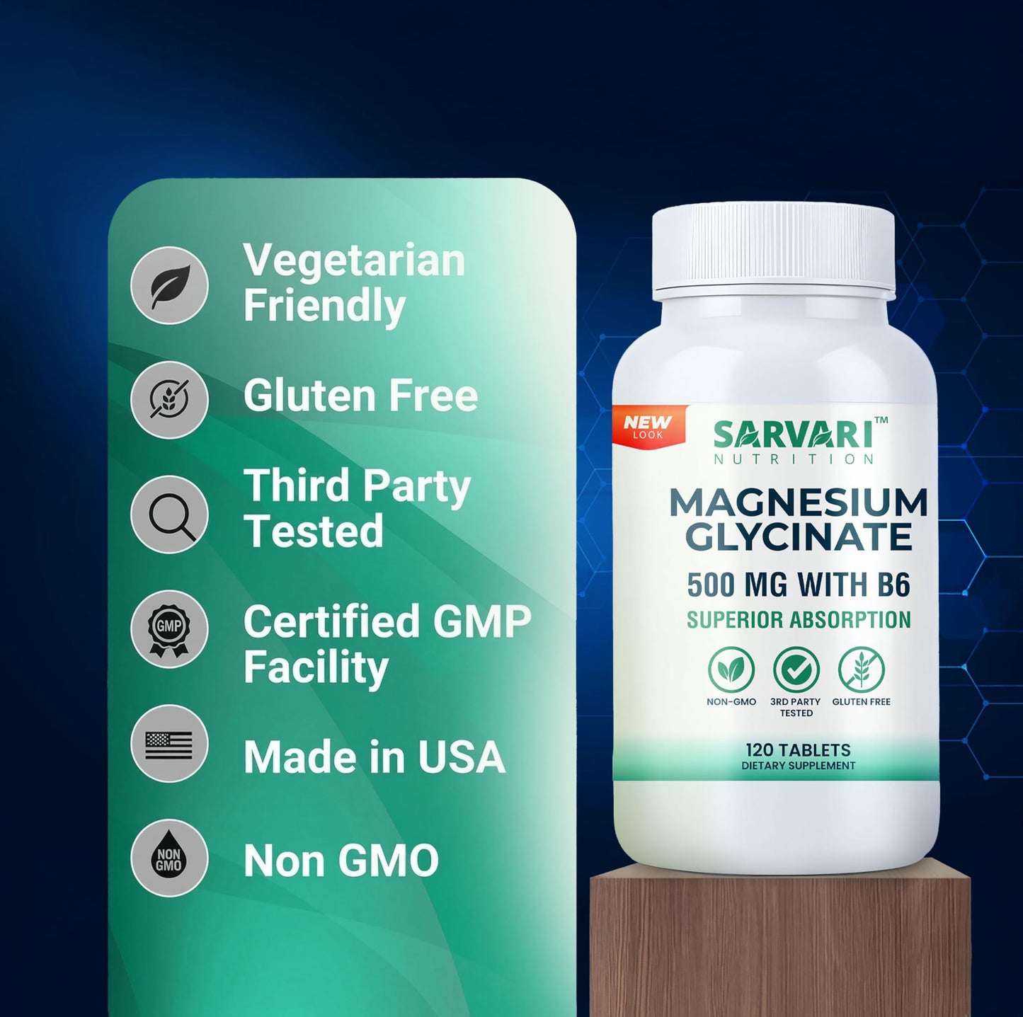 Sarvari Nutrition Magnesium Glycinate Supplement 500mg Tablets 120 Count
