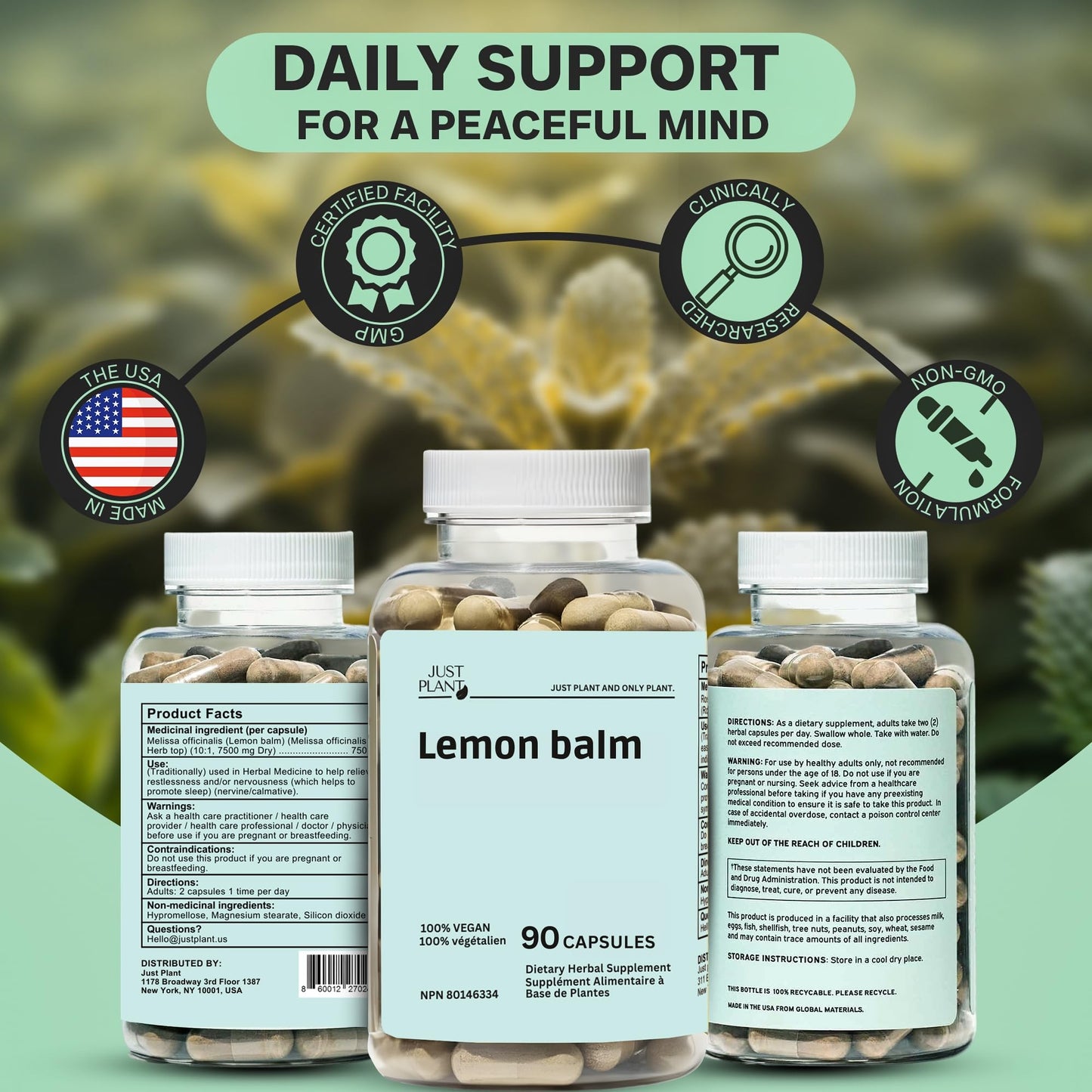 Just Plant Lemon Balm 750 mg Capsule, 90 Count