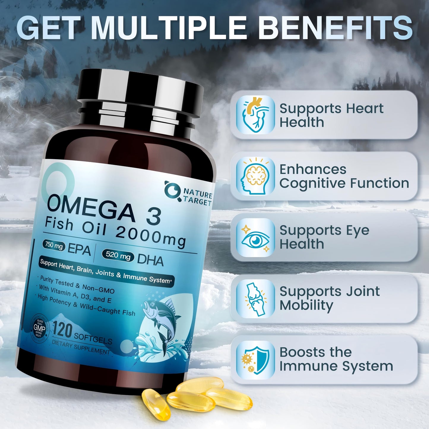 NATURE TARGET Omega 3 Fish Oil 2000mg with Vitamin D3, A, E Softgel 120