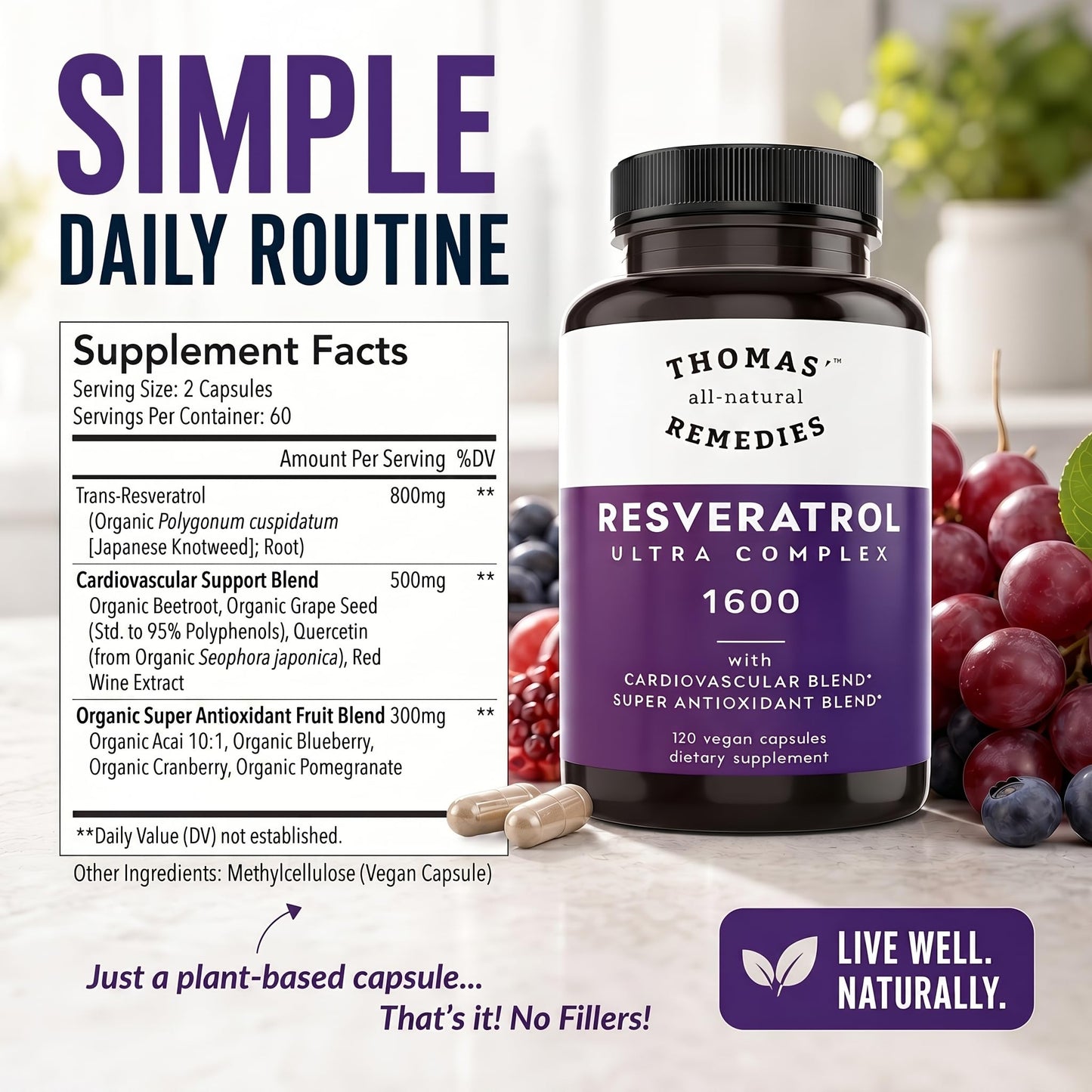 Thomas' all-natural Remedies Resveratrol 1600mg Organic Trans-Resveratrol Antioxidant Supplement with Organic Grape Seed Extract and Quercetin, Anti-Aging and Cardiovascular Support, 120 Capsules