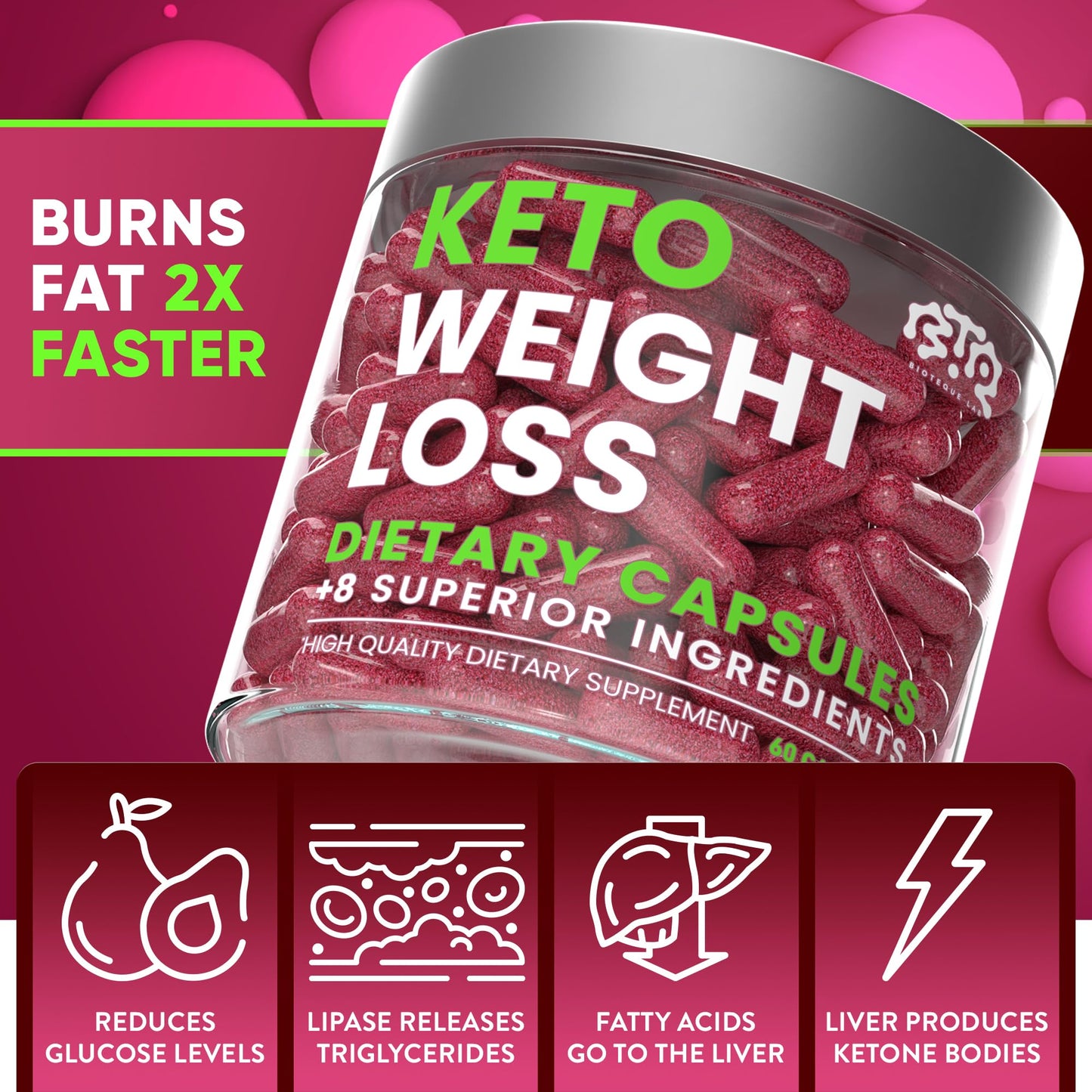 BIOTEQUELAB Keto Weight Loss Diet Pills Natural Appetite Suppressant Fat Burner with Apple Cider and Green Coffee Bean Extract, Capsule, 60 Count