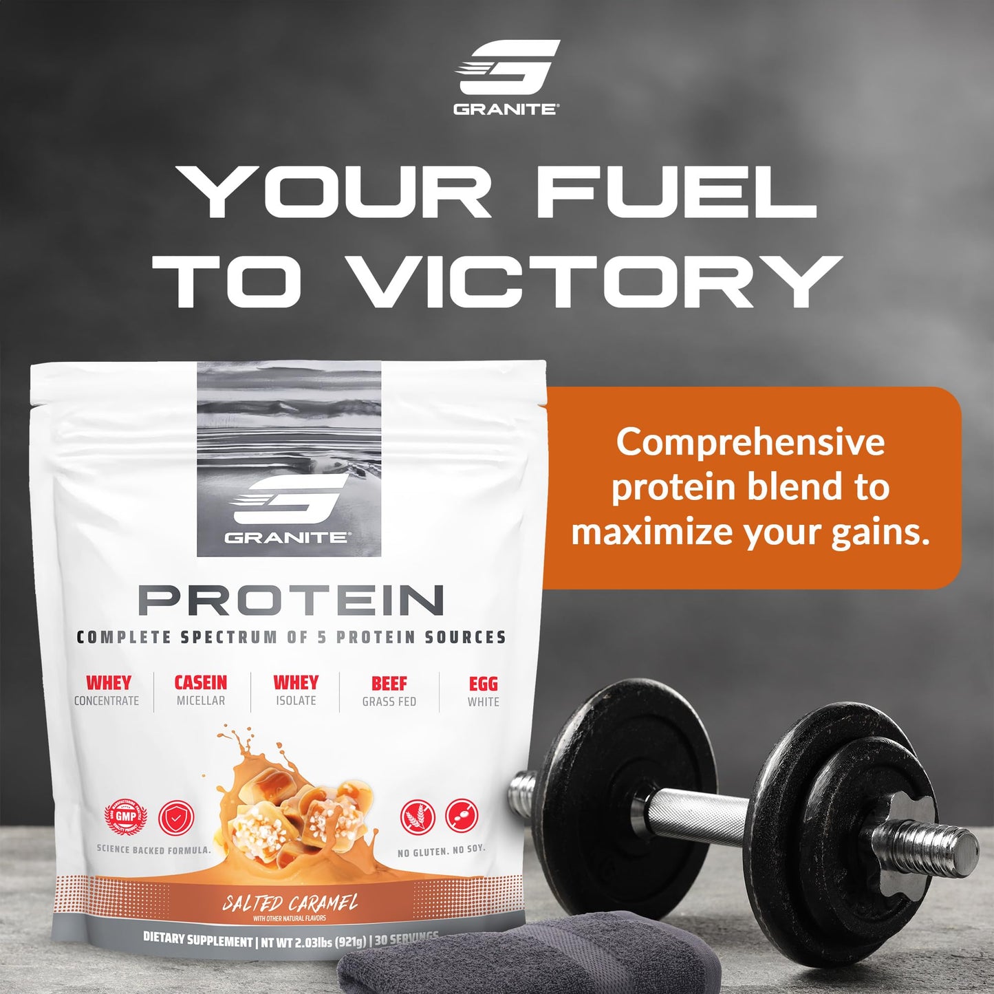 Granite Supplements Granite Nutrition Protein Powder - Premium 5-Source Blend (Whey, Casein, Egg, Grass-Fed Beef) Salted Caramel Flavor, 30 Servings