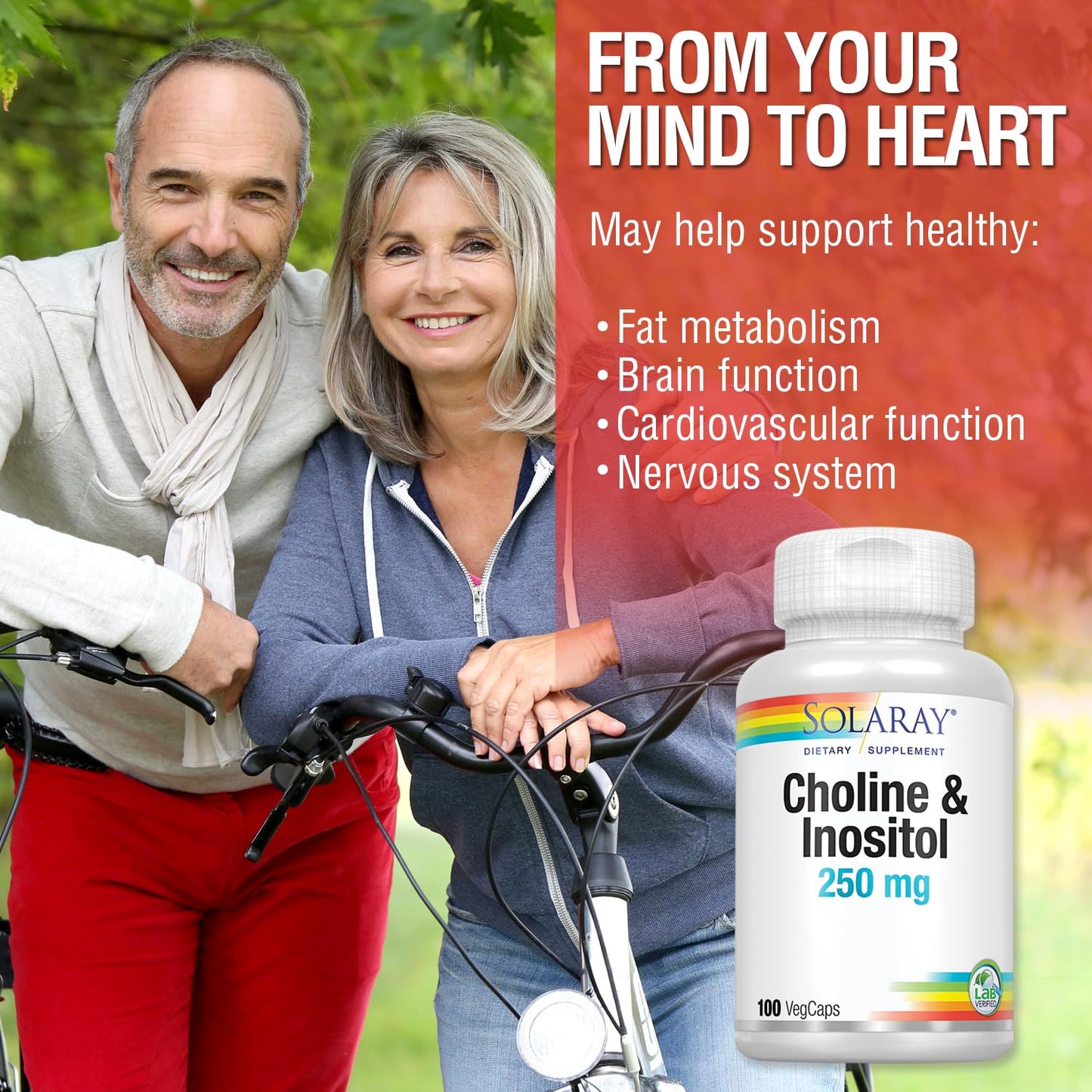 SOLARAY Choline & Inositol 250 mg Two-Nutrient Combo for Healthy Fat Metabolism, Brain Function Support Capsules 100