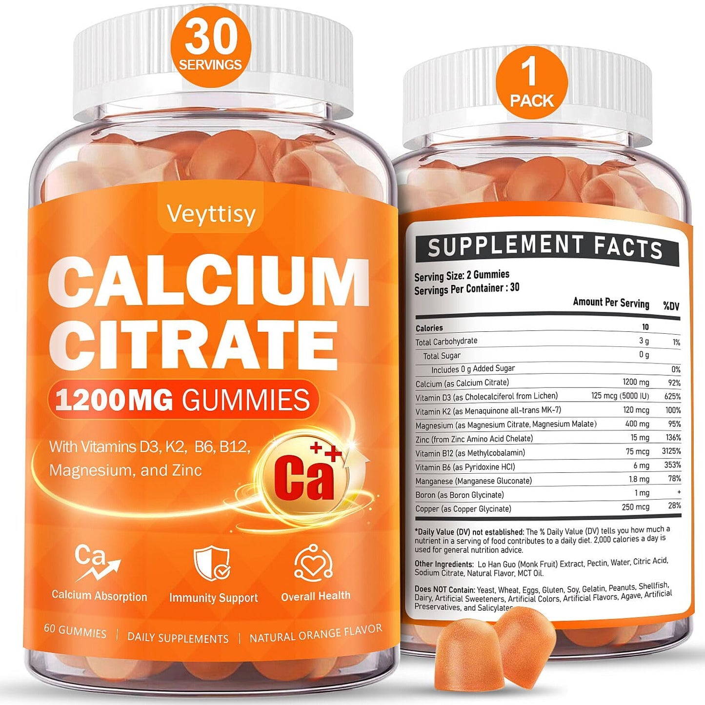 Veyttisy Calcium 1200 mg with Vitamin D3 Gummies, 60 Count