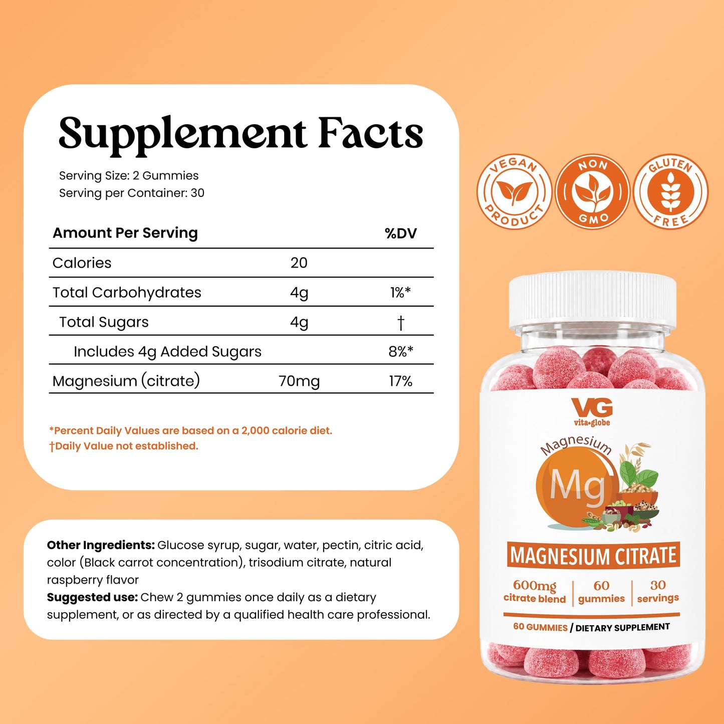Vita Globe Magnesium Citrate Gummies 70mg, Sleep & Calm Support, Non-GMO, 60 Gummies