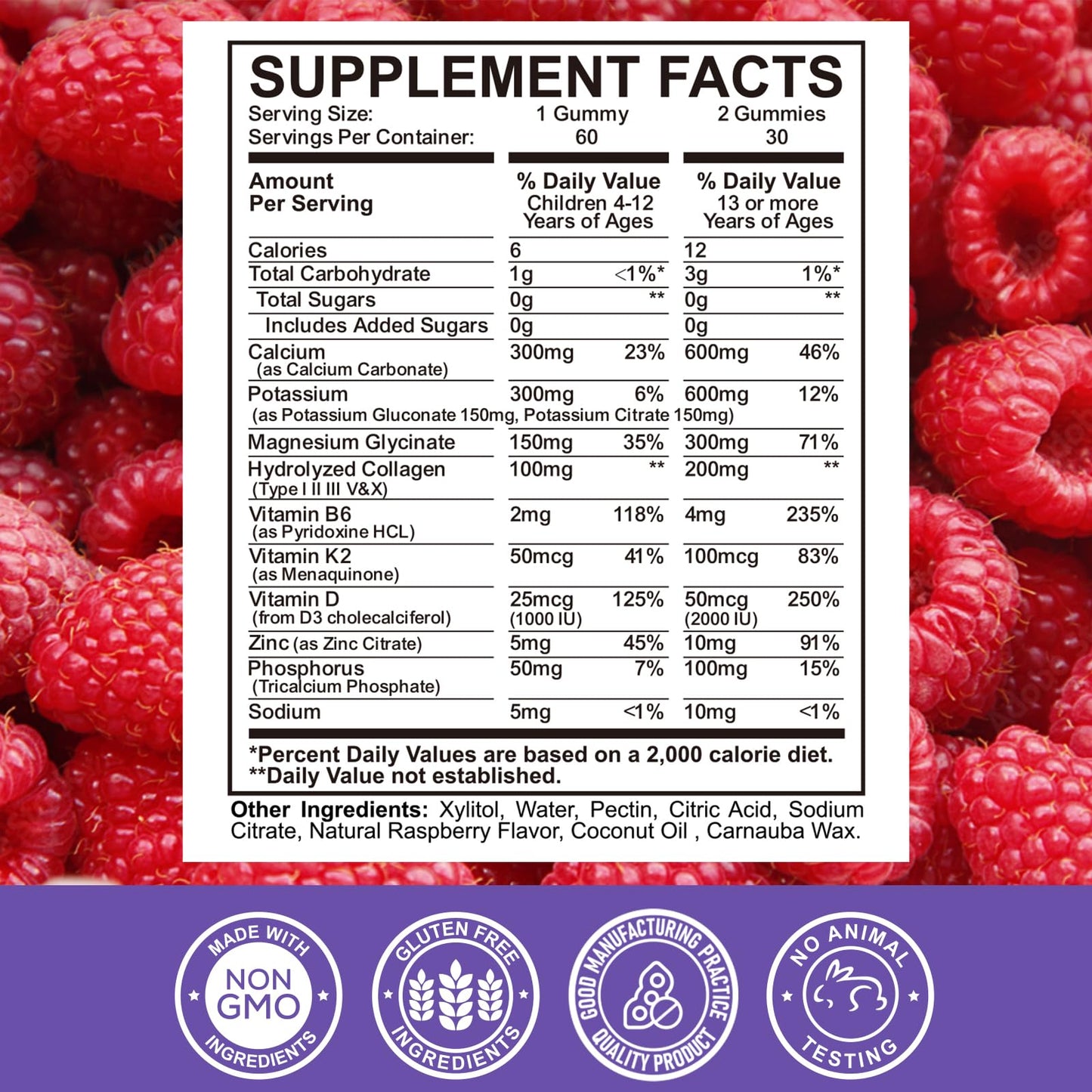 ReviNutra Calcium Potassium Magnesium Gummies for Kids & Adults with Hydrolyzed Collagen, Zinc, Phosphorus, Multivitamin for Sleep, Bone Strength, Density Support, Sugar Free Raspberry, 60 Gummies