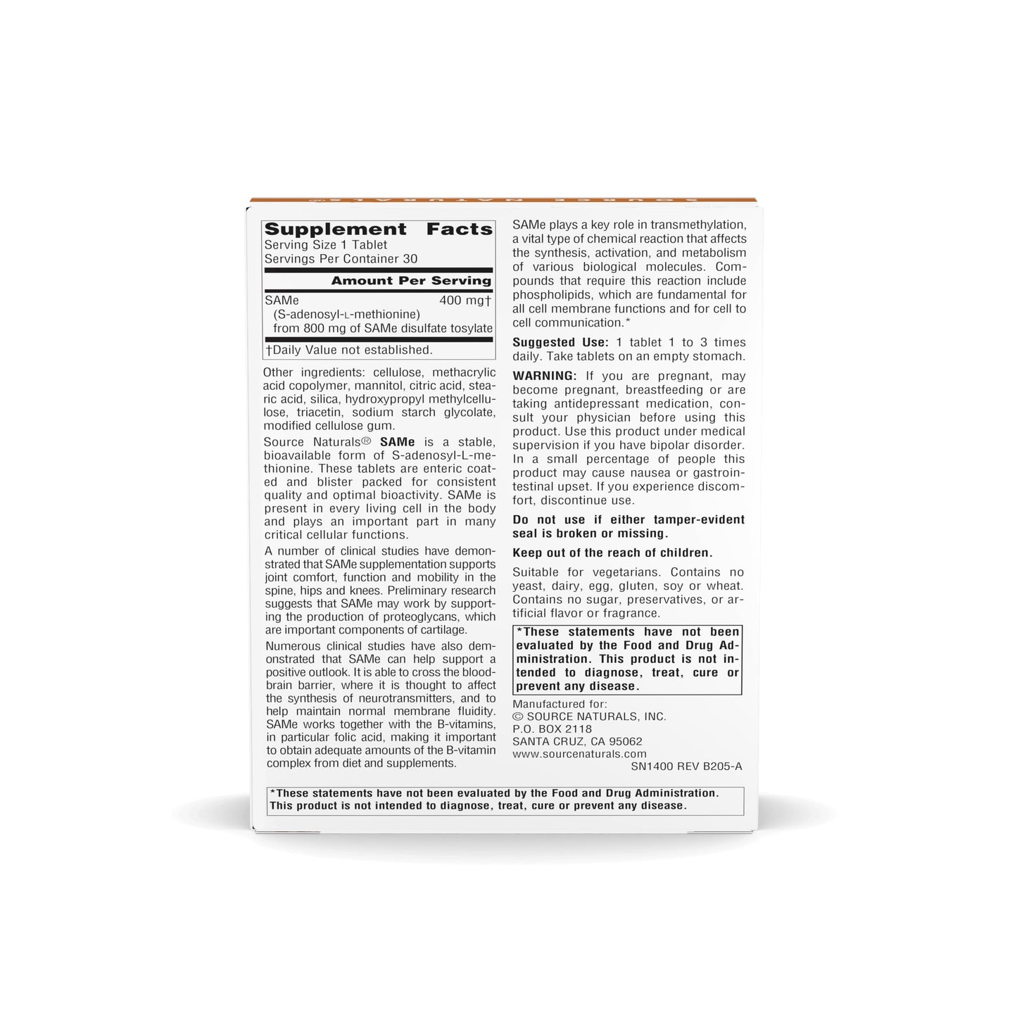 Source Naturals SAMe 400mg Enteric Coated Tablets, 30 Tablets