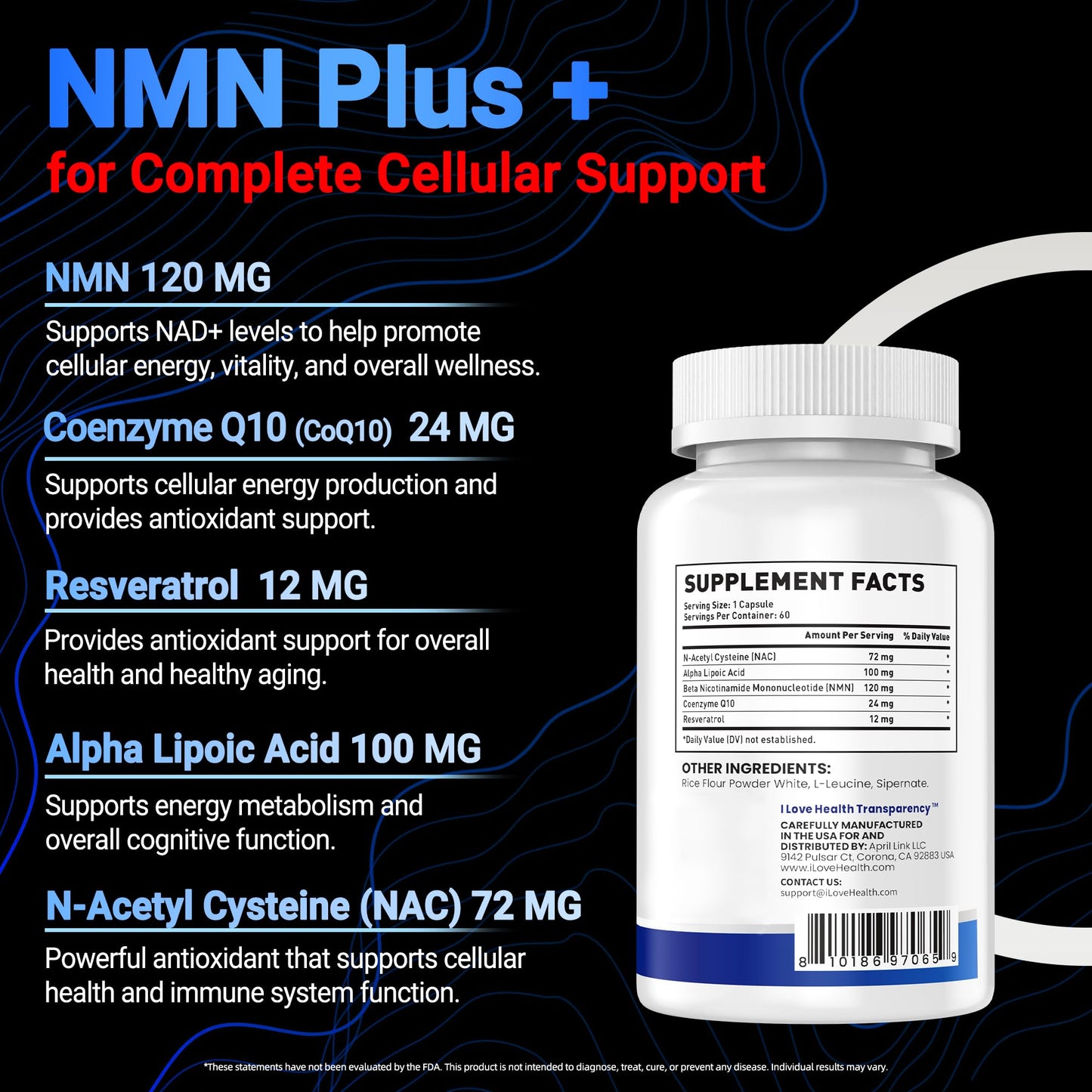 I LOVE HEALTH NMN Supplement, 5-in-1 Complex with NAC, Alpha Lipoic Acid, CoQ10 & Resveratrol - High Absorption Anti Aging Formula - 60 Capsules
