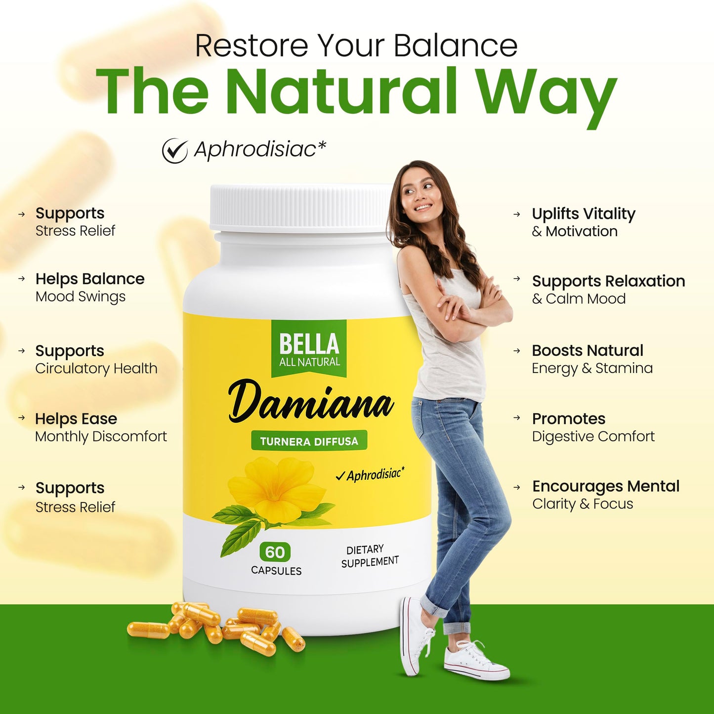 Bella All Natural Damiana Leaves Capsule, 60 Count