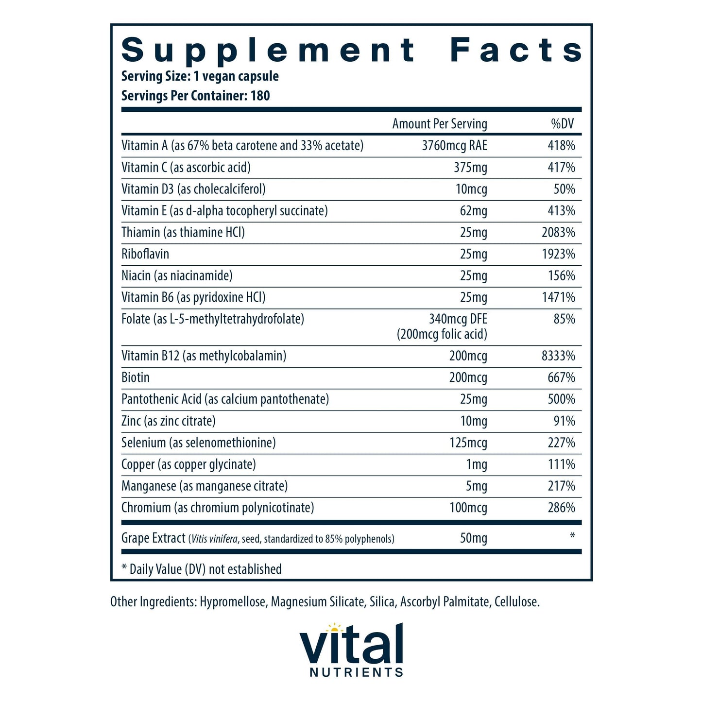 Vital Nutrients Minimal and Essential Multivitamin - Vegetarian One per Day Multi Vitamin, Mineral, & Antioxidant Supplement Capsules, 180 Count