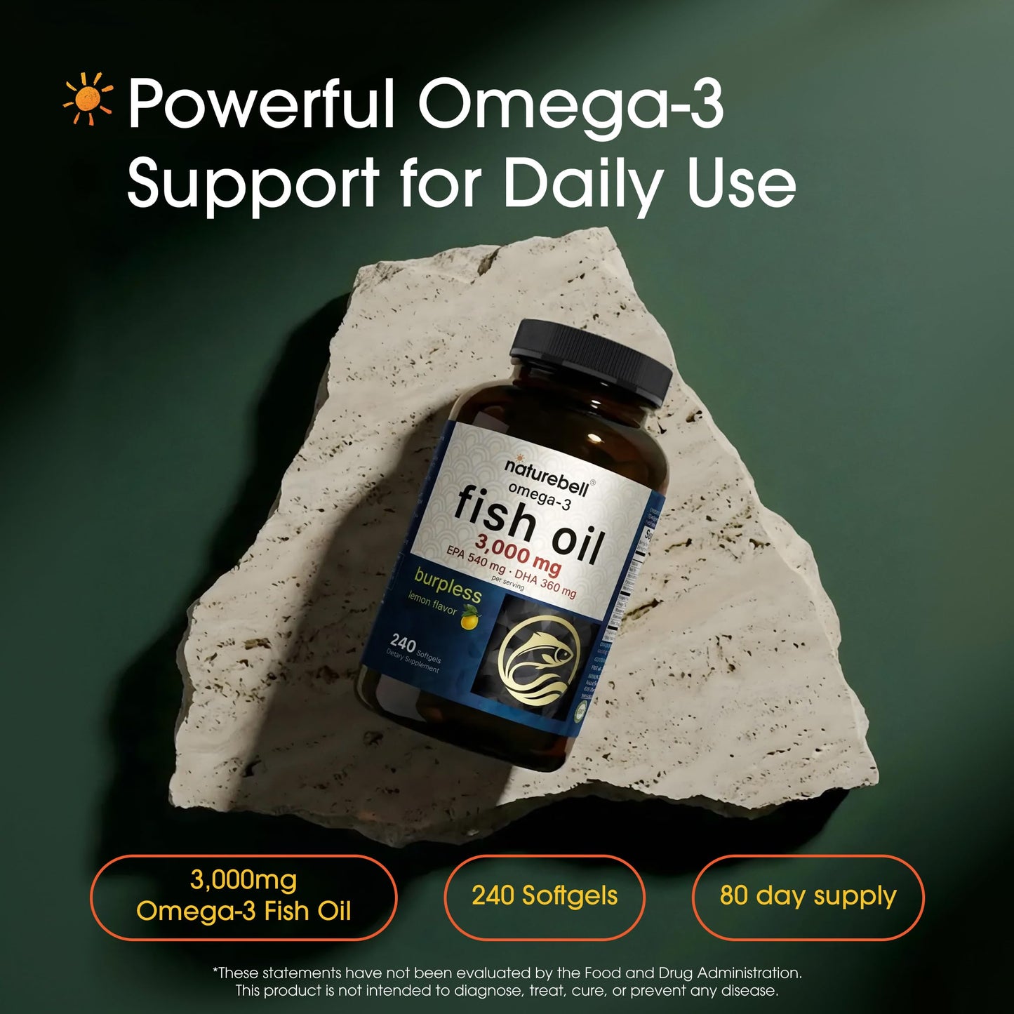 NatureBell Omega-3 Fish Oil 3,000mg Softgels, 1 Count