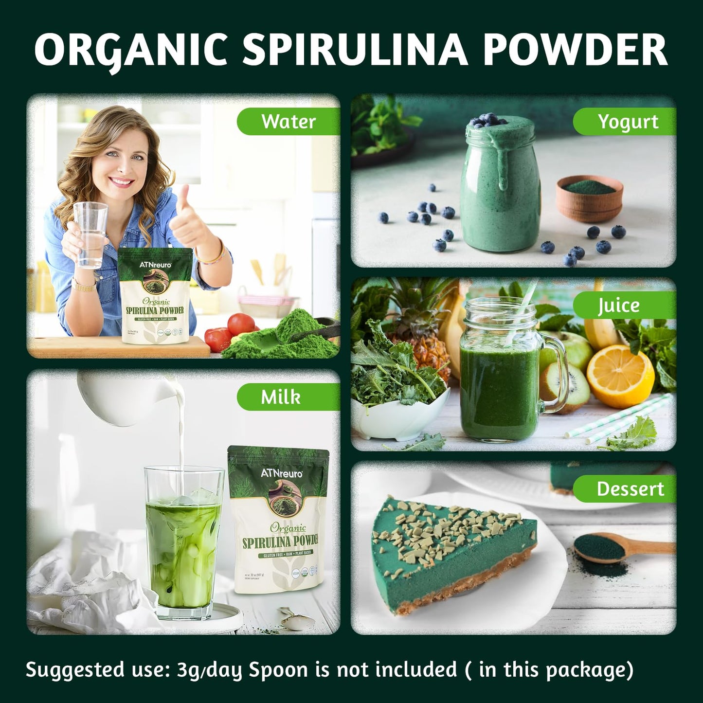 ATNreuro Organic Spirulina Powder, 32 oz