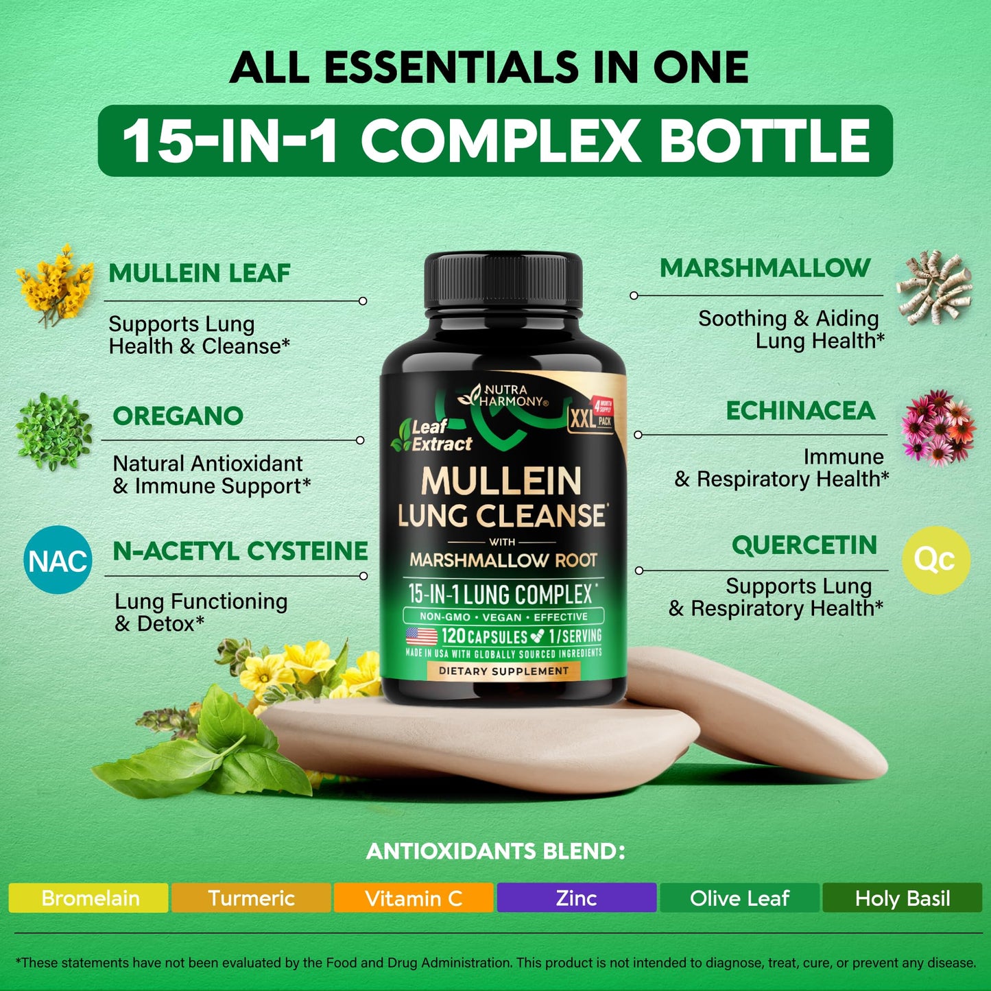 NUTRAHARMONY Mullein Lung Detox - Mullein Leaf 10:1 Extract, Marshmallow Root, Echinacea, Oregano, Quercetin, NAC - 15-in-1 Lung Support & Cleanse for Smokers Capsules, 120 Count