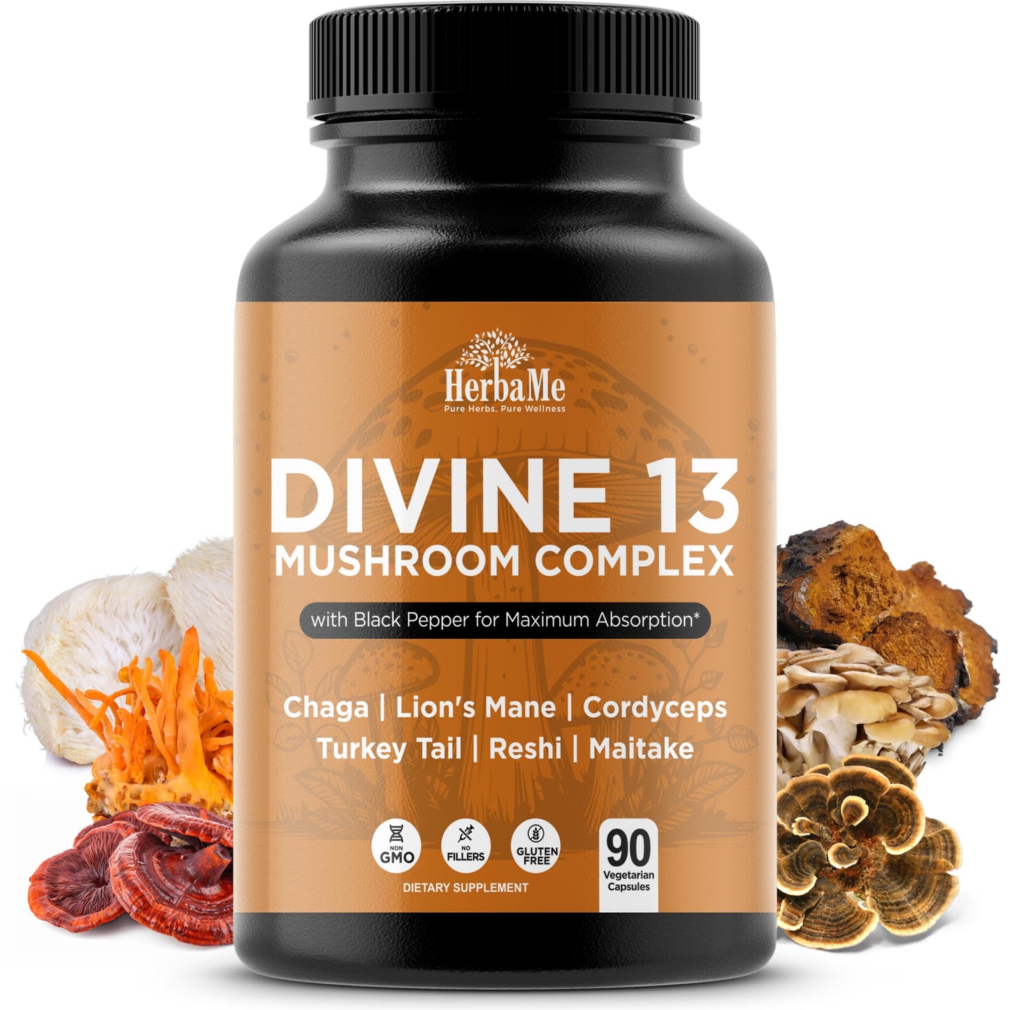 HerbaMe 13 Mushroom Extract Complex Capsules with Lion’s Mane, Cordyceps, Turkey Tail, Reishi & Chaga – Brain, Energy & Immune Support Supplement with Black Pepper for Absorption, 90 Count