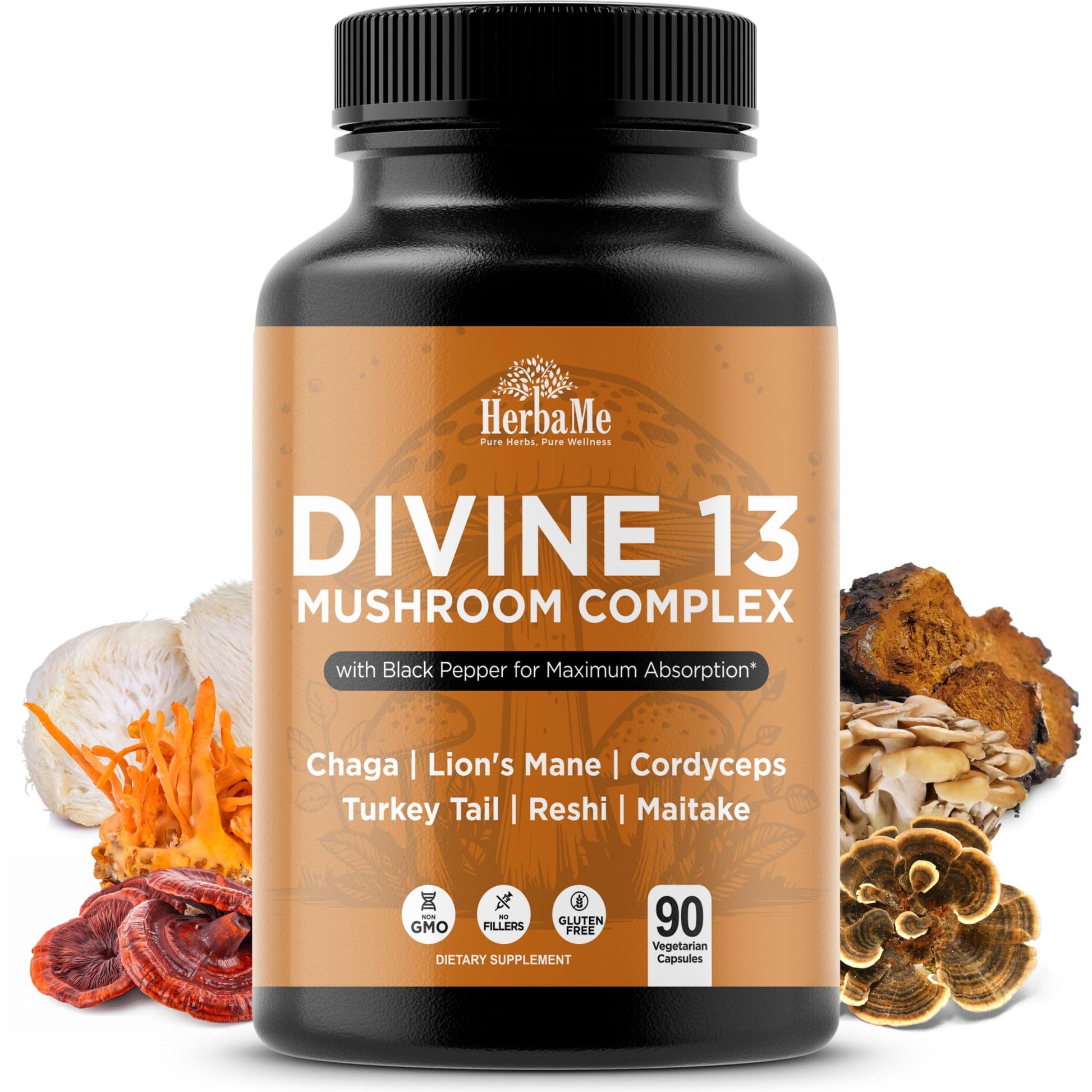 HerbaMe 13 Mushroom Extract Complex Capsules with Lion’s Mane, Cordyceps, Turkey Tail, Reishi & Chaga – Brain, Energy & Immune Support Supplement with Black Pepper for Absorption, 90 Count