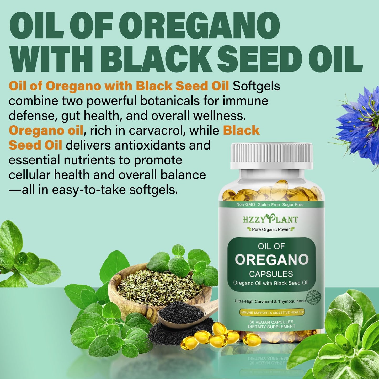 HZZYPLANT Oil of Oregano with Black Seed Oil Softgels, 60 Count