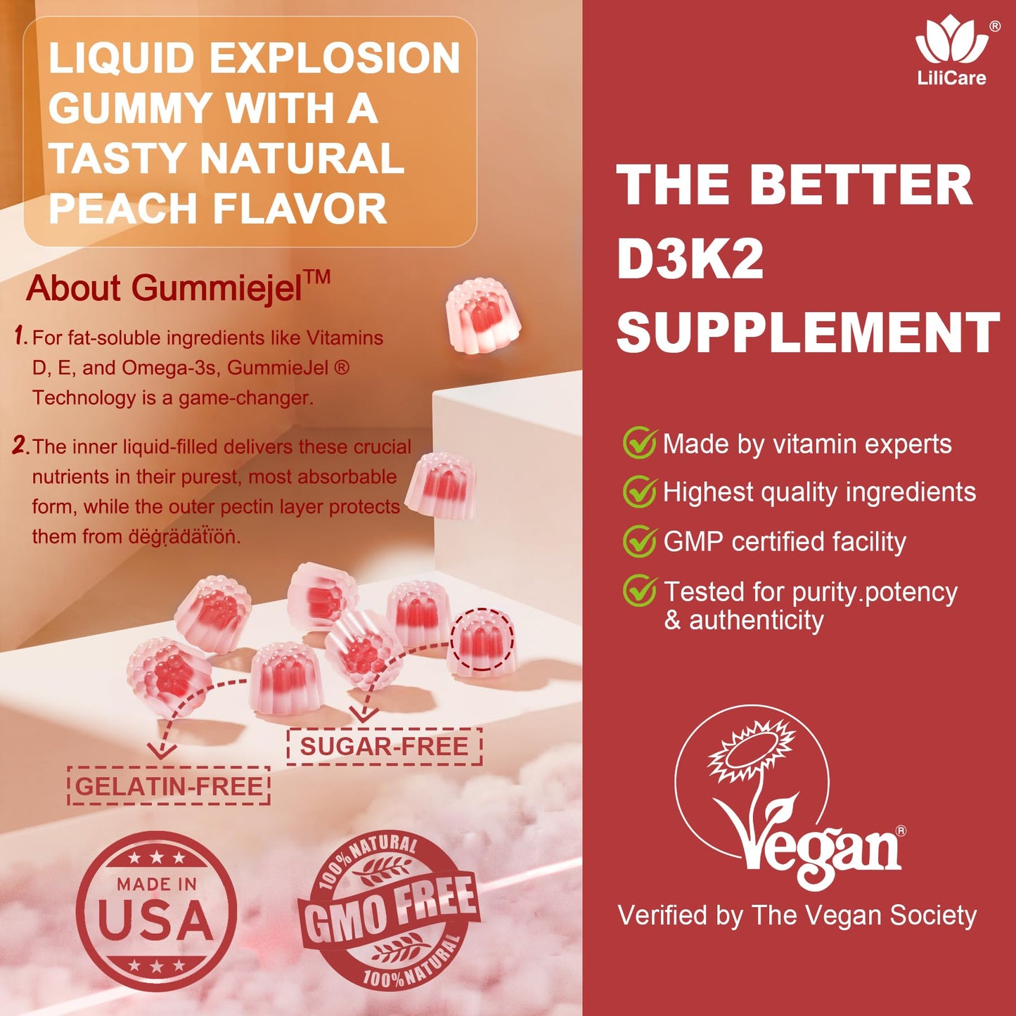 LILICARE Vitamin D3 K2 Filled Gummies, 120 Gummies