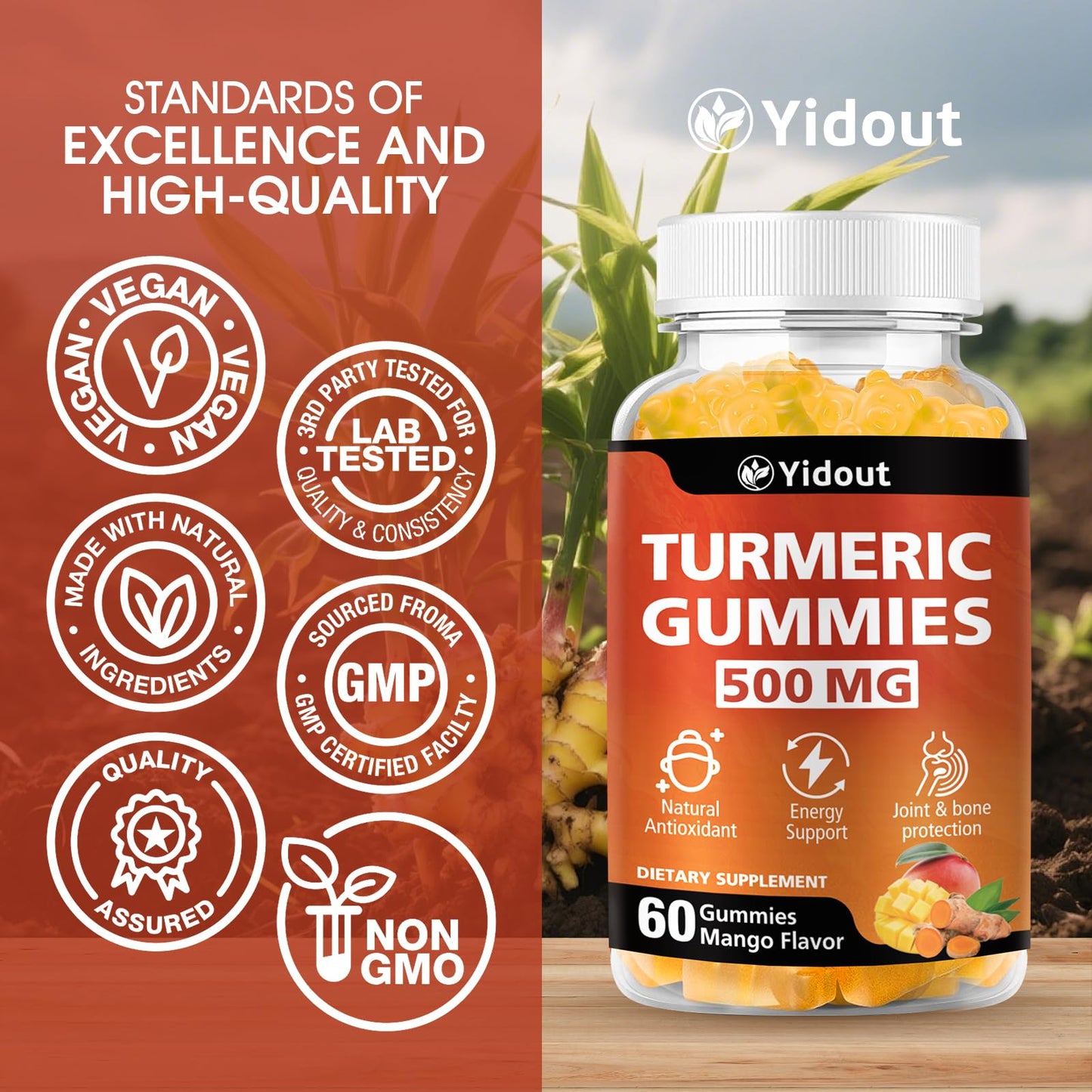 Yidout Turmeric Curcumin Gummies 500mg Mango, 60 Count