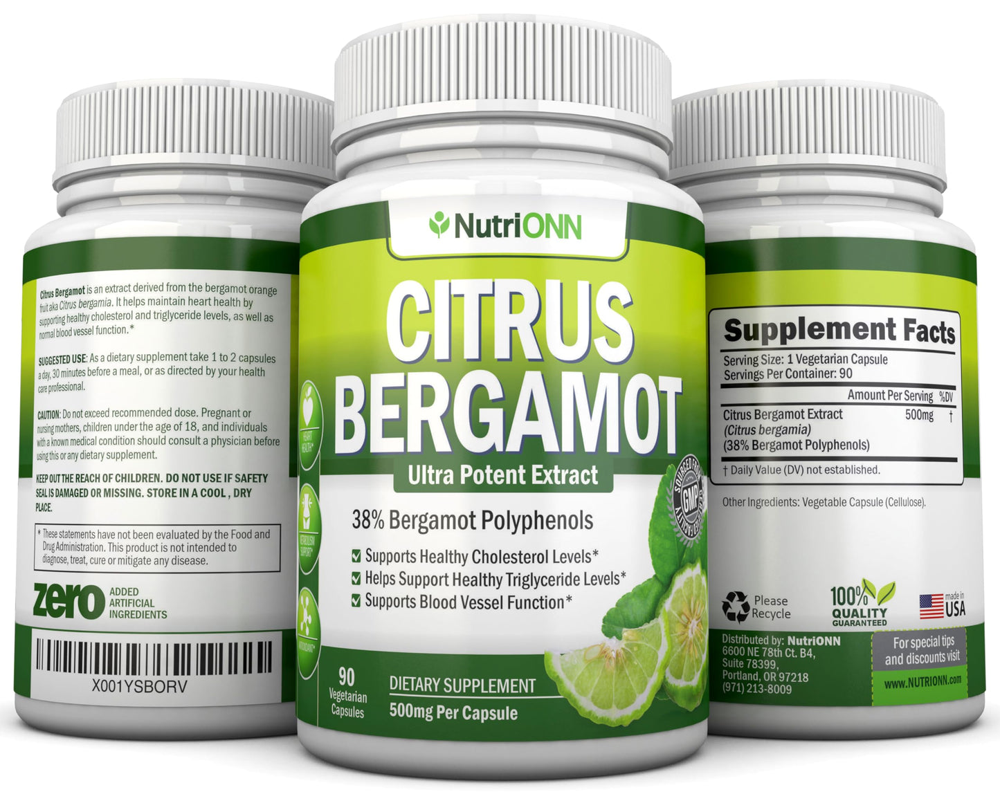 NutriONN Citrus Bergamot 500 mg Capsules 90 Count