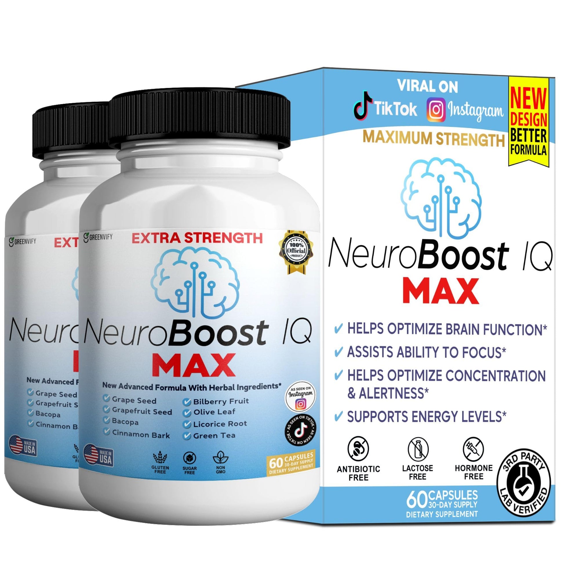 GREENVIFY NeuroBoost IQ MAX Extra Strength Brain Support Supplement 60 Capsules