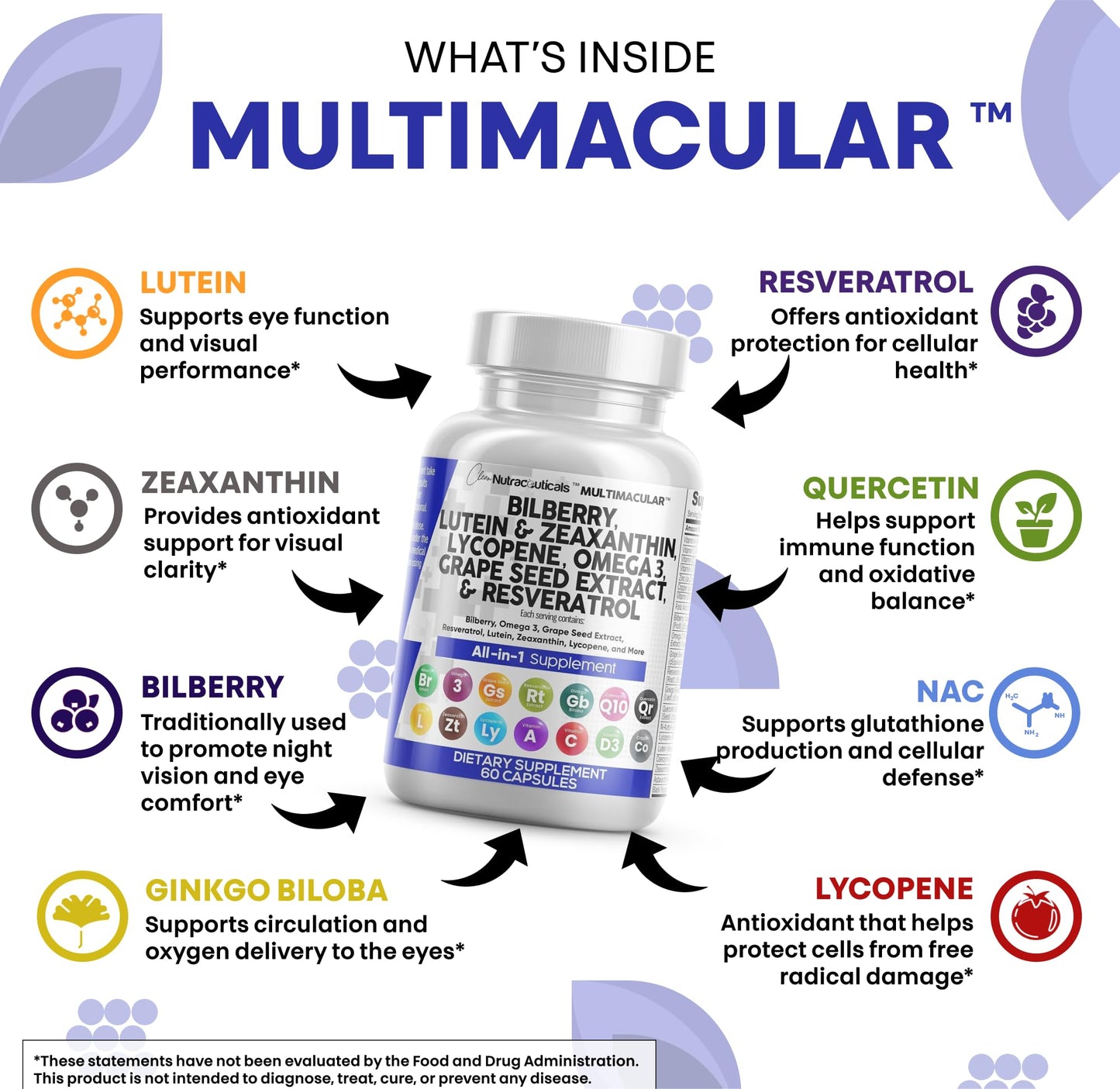 Clean Nutraceuticals Eye Vitamins with Bilberry, Lutein & Zeaxanthin, Lycopene 40mg, Resveratrol, Grape Seed, Astaxanthin - Eye Care Health Support, 60 Capsules