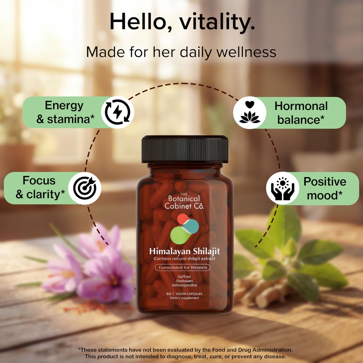 The Botanical Cabinet Co. Shilajit for Women 800mg with 70% Fulvic Acid, Natural Extract, Lab Tested, with Shatavari and Saffron, No Artificial Preservatives, Non-GMO 60 Capsules
