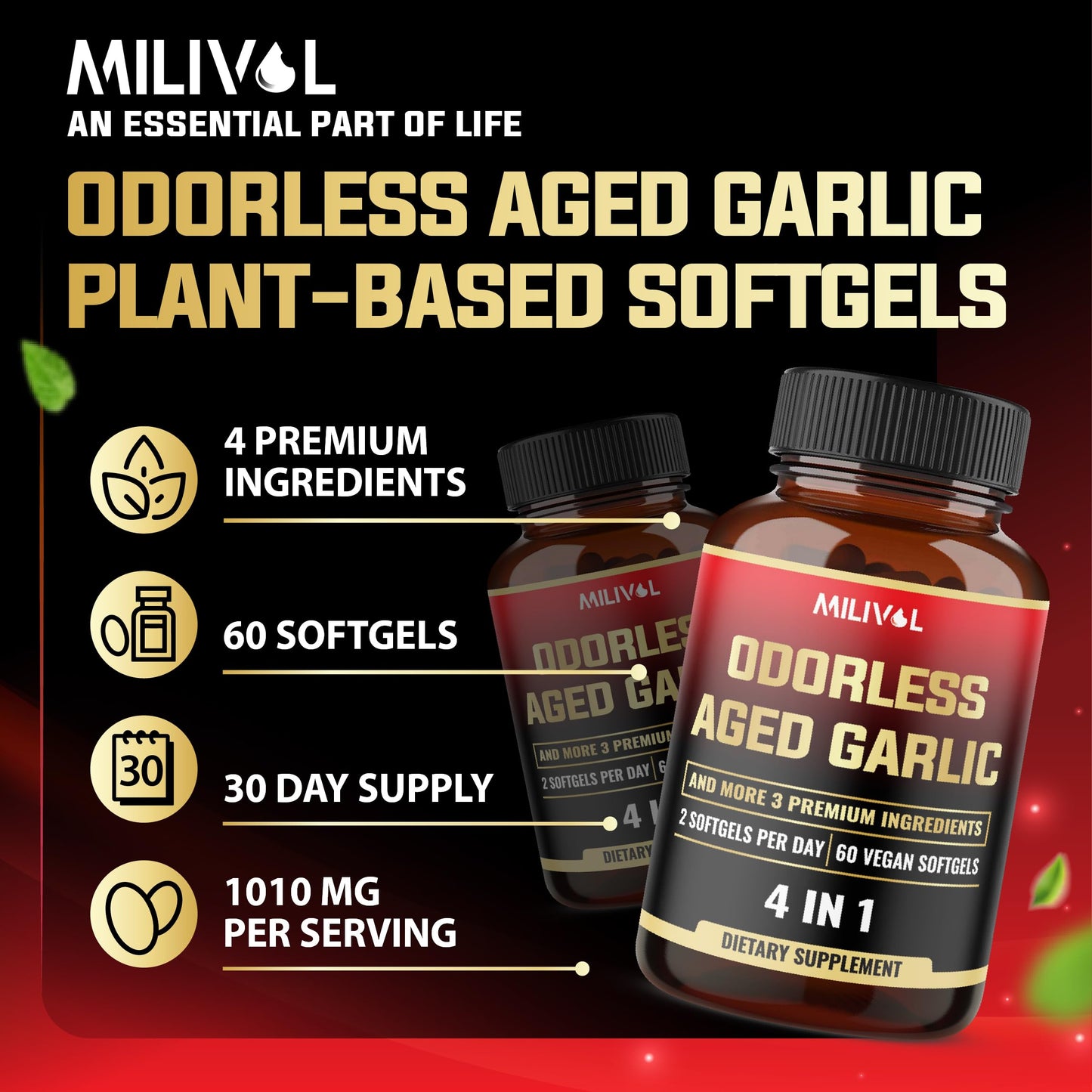 MILIVOL Aged Garlic Softgels with Garlic Extract, Ginger Root, Turmeric Root, and Black Pepper, 60 Softgels